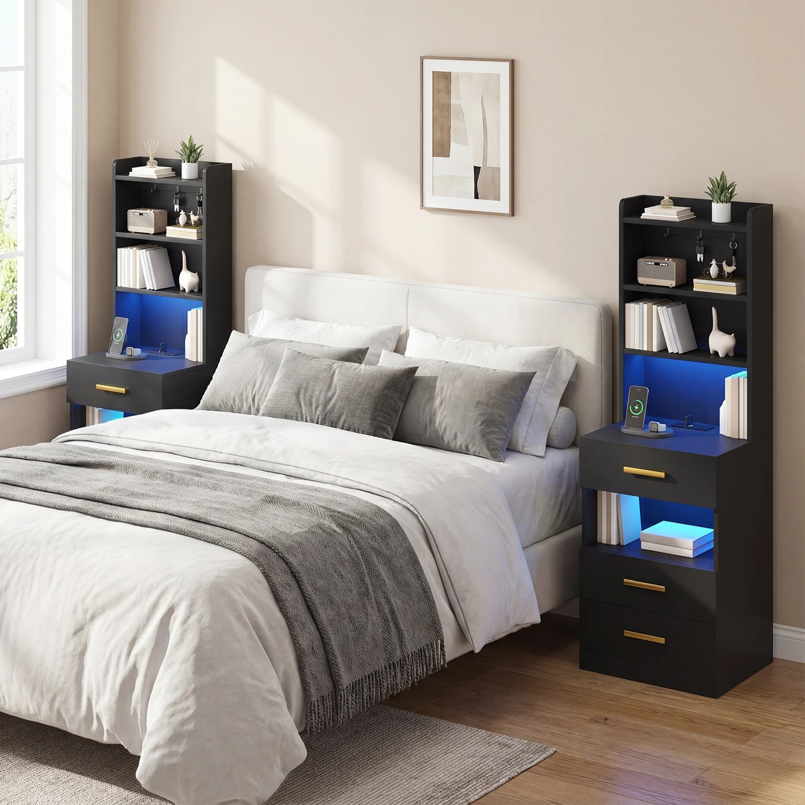 8 Advwin Set of 2 Tall Bedside Table with Charging Station LED Lights 3 Drawers - Black, 8 of 9