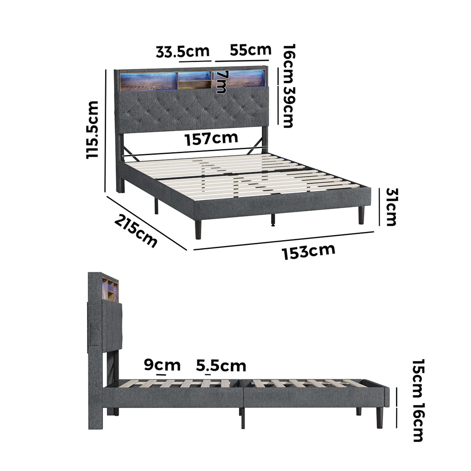 10 Oikiture Queen Bed With Led Storage Bedhead Bed Frame
 - Grey, 10 of 10
