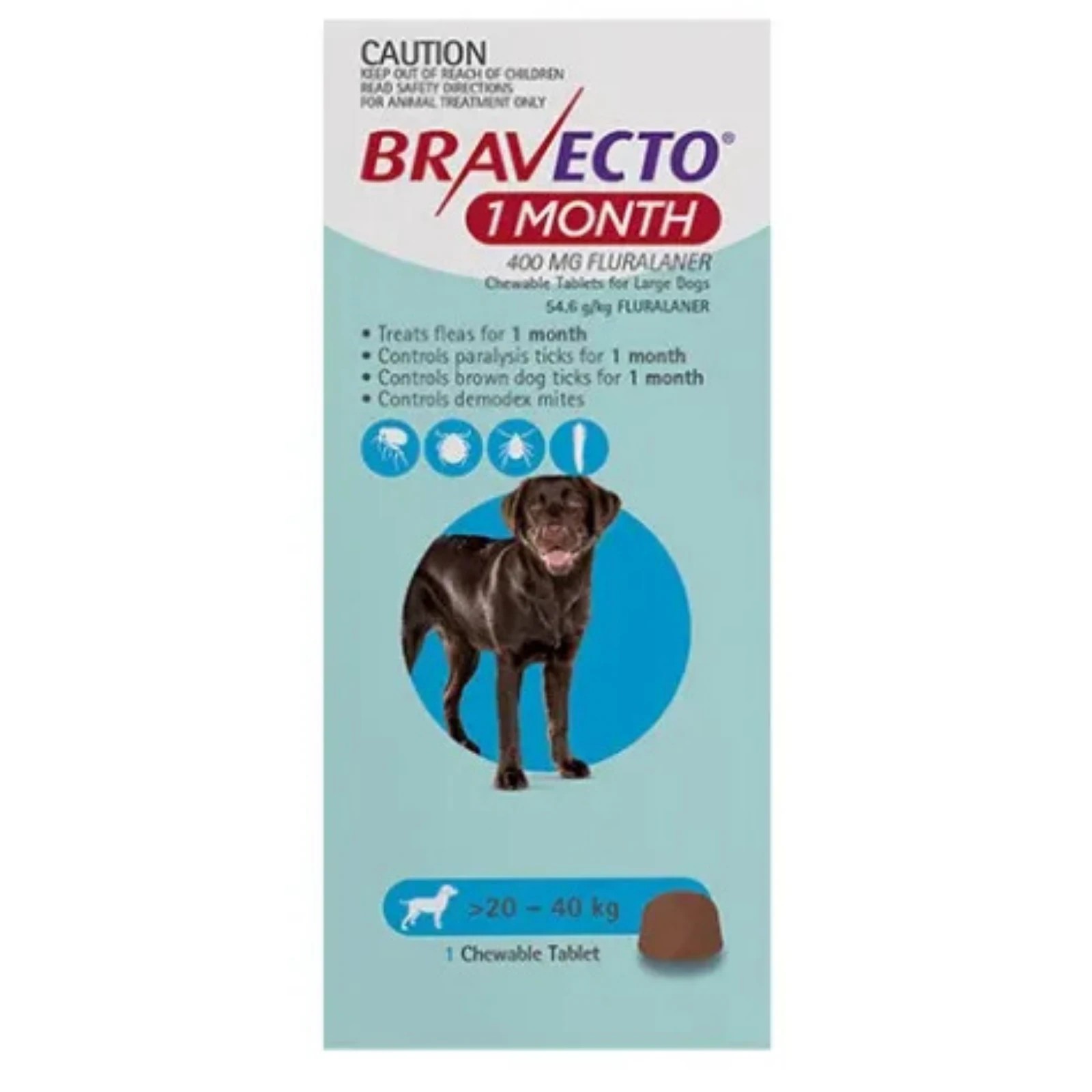 1 Bravecto Chew 1 Month For Dogs Blue 20-40kg - 1 Pack, 1 of 2