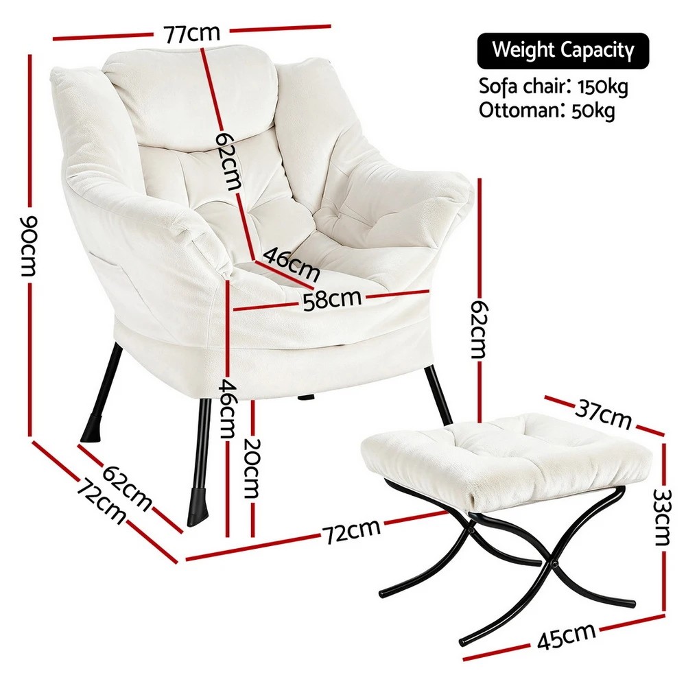 2 Artiss Armchair Accent Chair Ottoman Lounge Footrest - White, 2 of 6