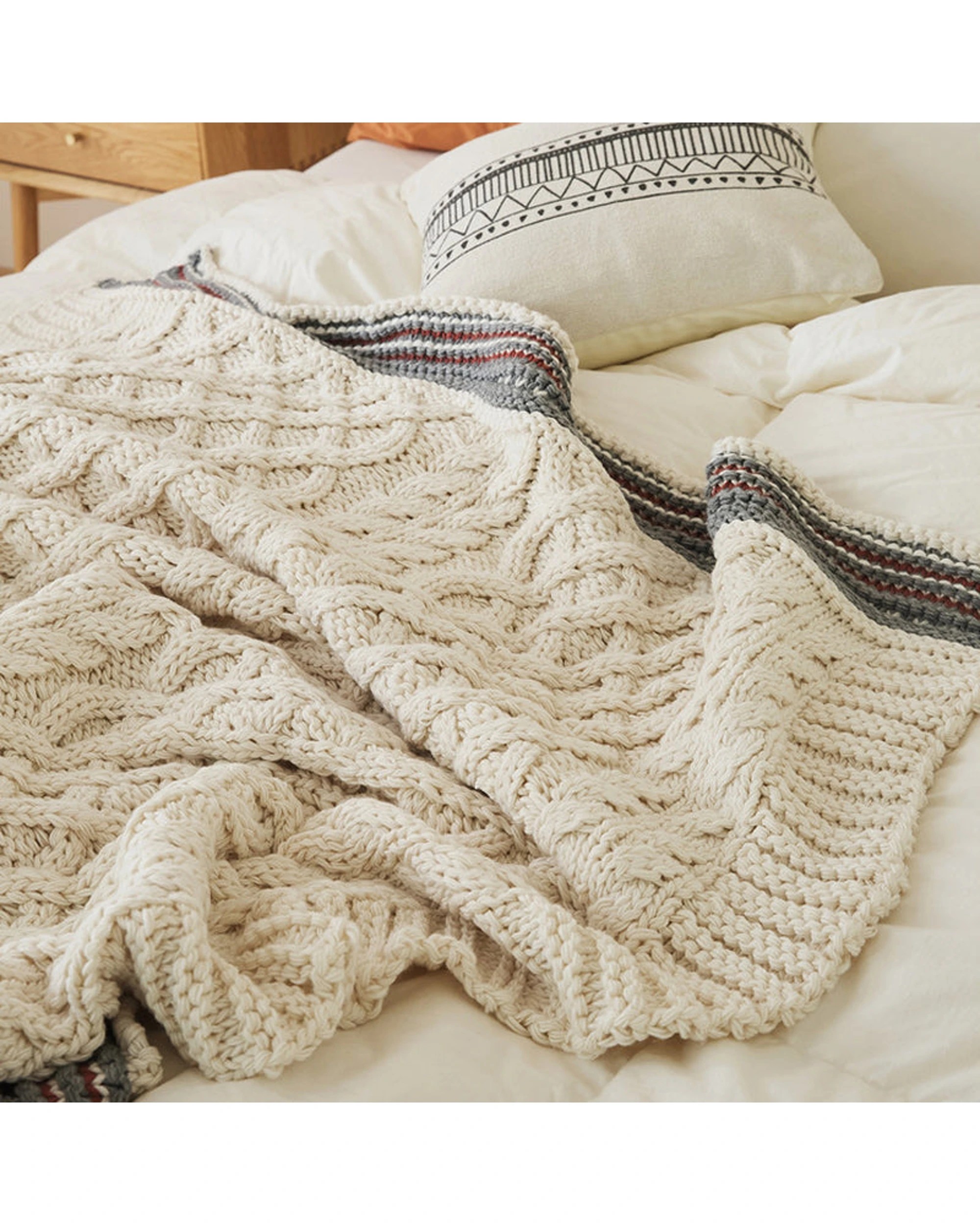 5 Cotton More Cable Knit Blanket Striped Border 130x160cm - Beige, 5 of 6