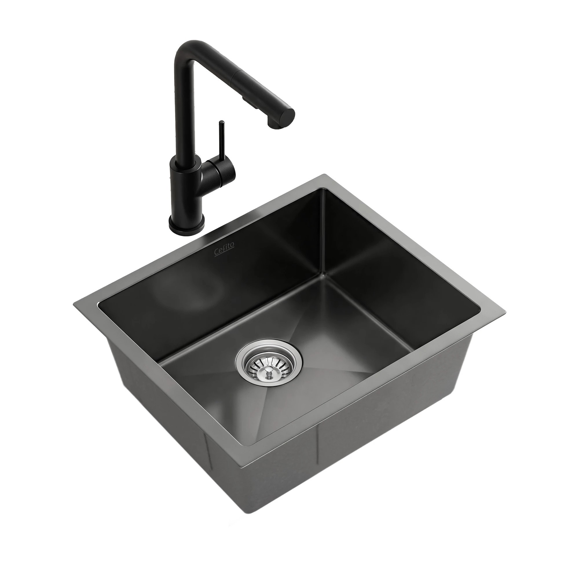 1 Cefito Stainless Steel Sink 44x44CM With Pull Out Mixer Tap Kitchen Basin Single Bowl - Black, 1 of 2