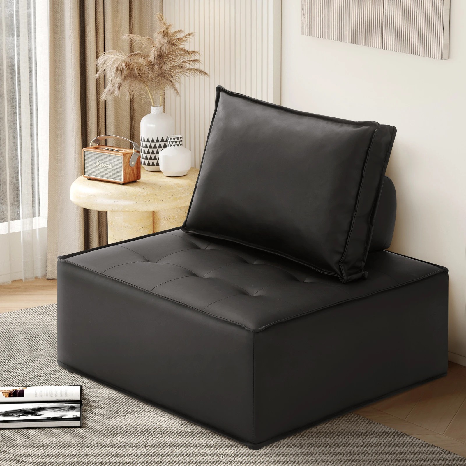 2 Oikiture 1pc Modular Sofa Lounge Chair Armless Tofu Back Pu Leather
 - Black, 2 of 10