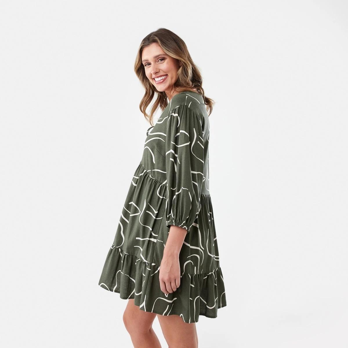 2 3/4 Balloon Sleeve Tie Front Mini Dress Abst Line, 2 of 7