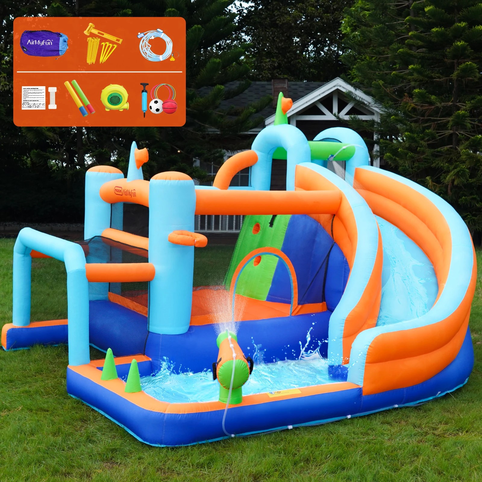 2 Airmyfun 9-in-1 Inflatable Water Park Jumping Castle Soccer Goalpost Blower
 - Multi, 2 of 10