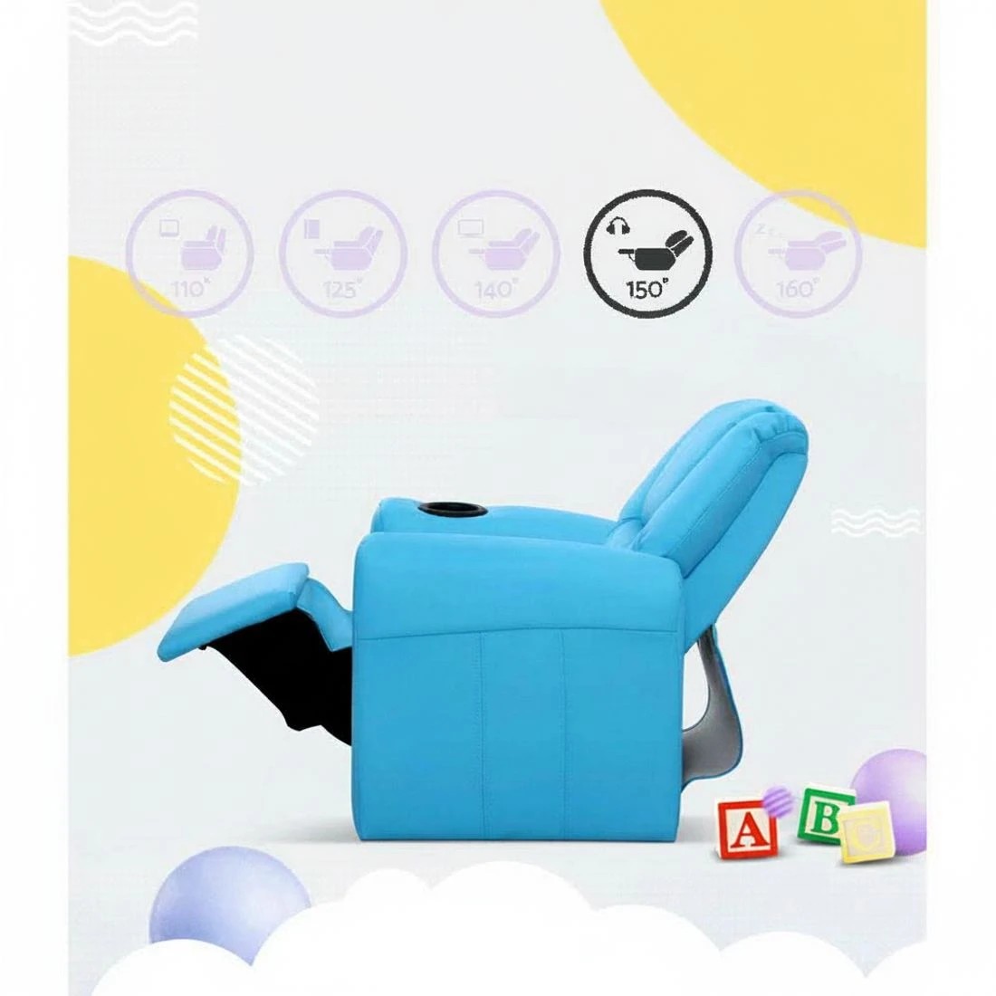 4 Keezi Kids Recliner Chair  PU Leather Sofa Lounge Couch Children Armchair - Blue, 4 of 7