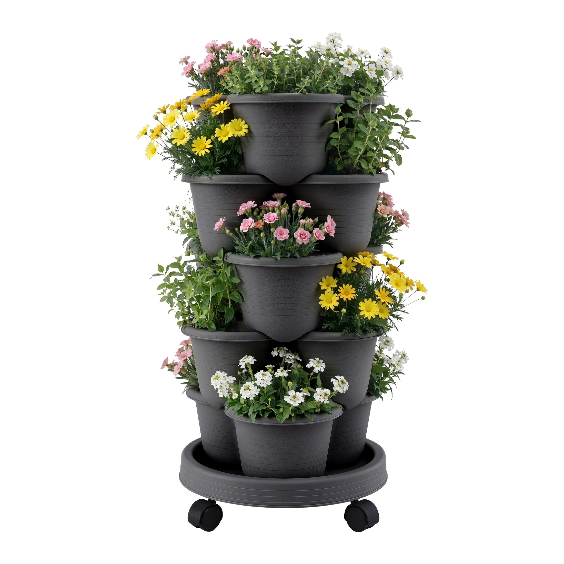 1 Green Fingers 5 Tier Vertical Garden Planter Movable Stackable Strawberry Pots with 4 Wheels - Grey, 1 of 4