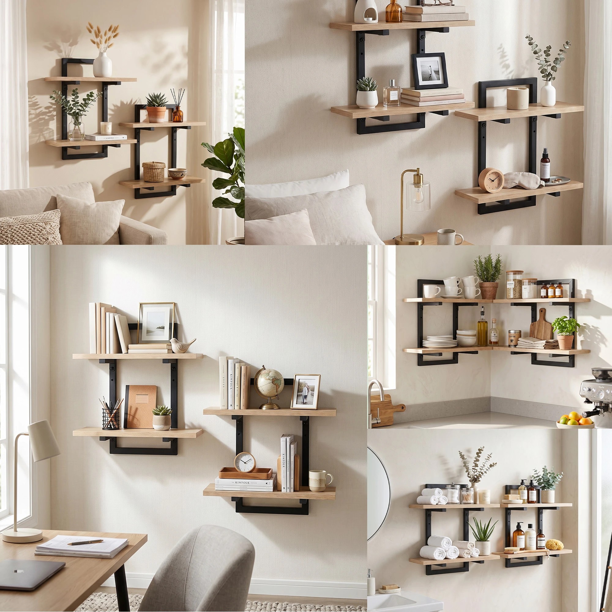 7 Artiss Set of 2 Floating Wall Shelf 2-Tier Wall-Mounted Display Ledge Wood&Metal - Natural, 7 of 8