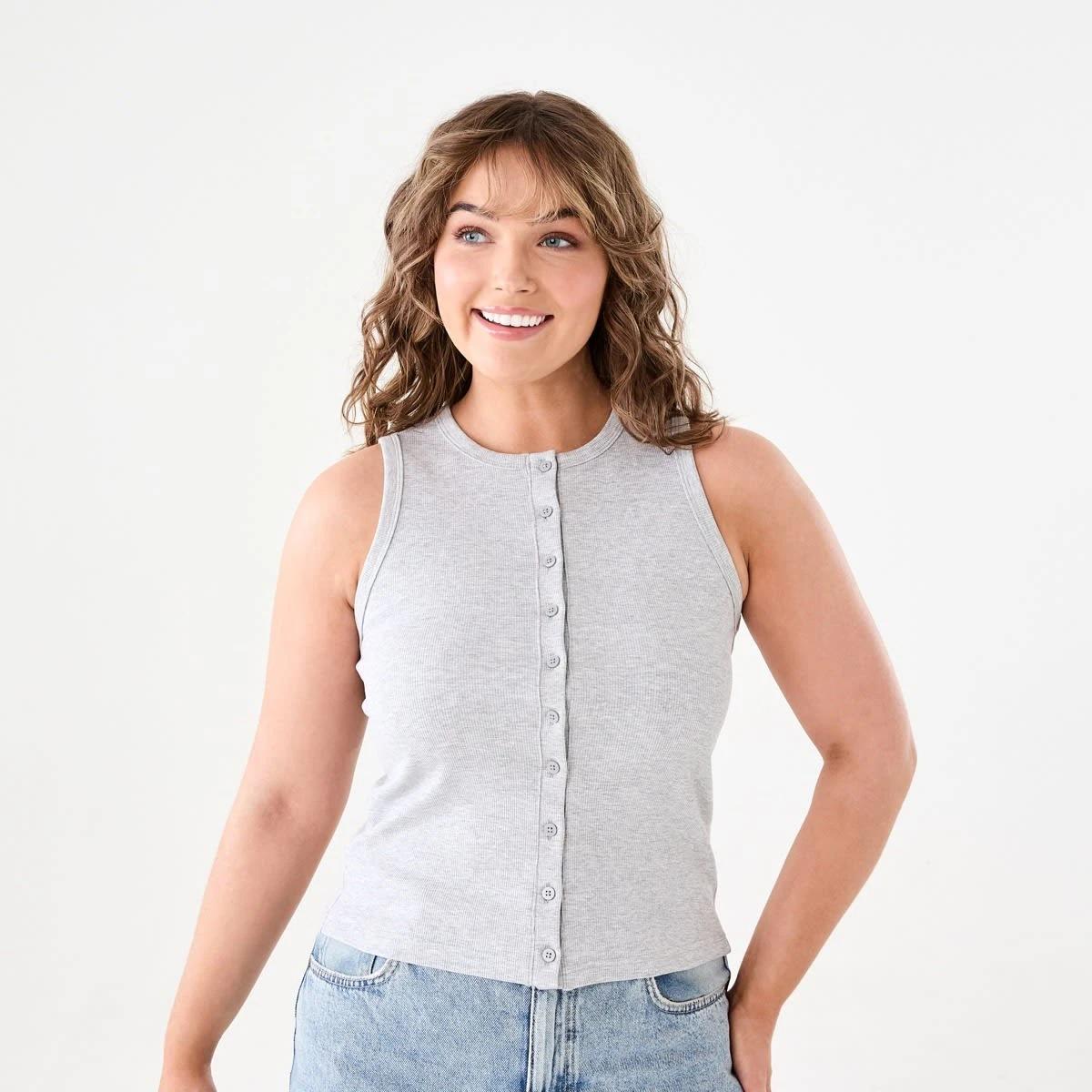 1 Sleeveless Rib Button Tank SILVER MARLE, 1 of 5