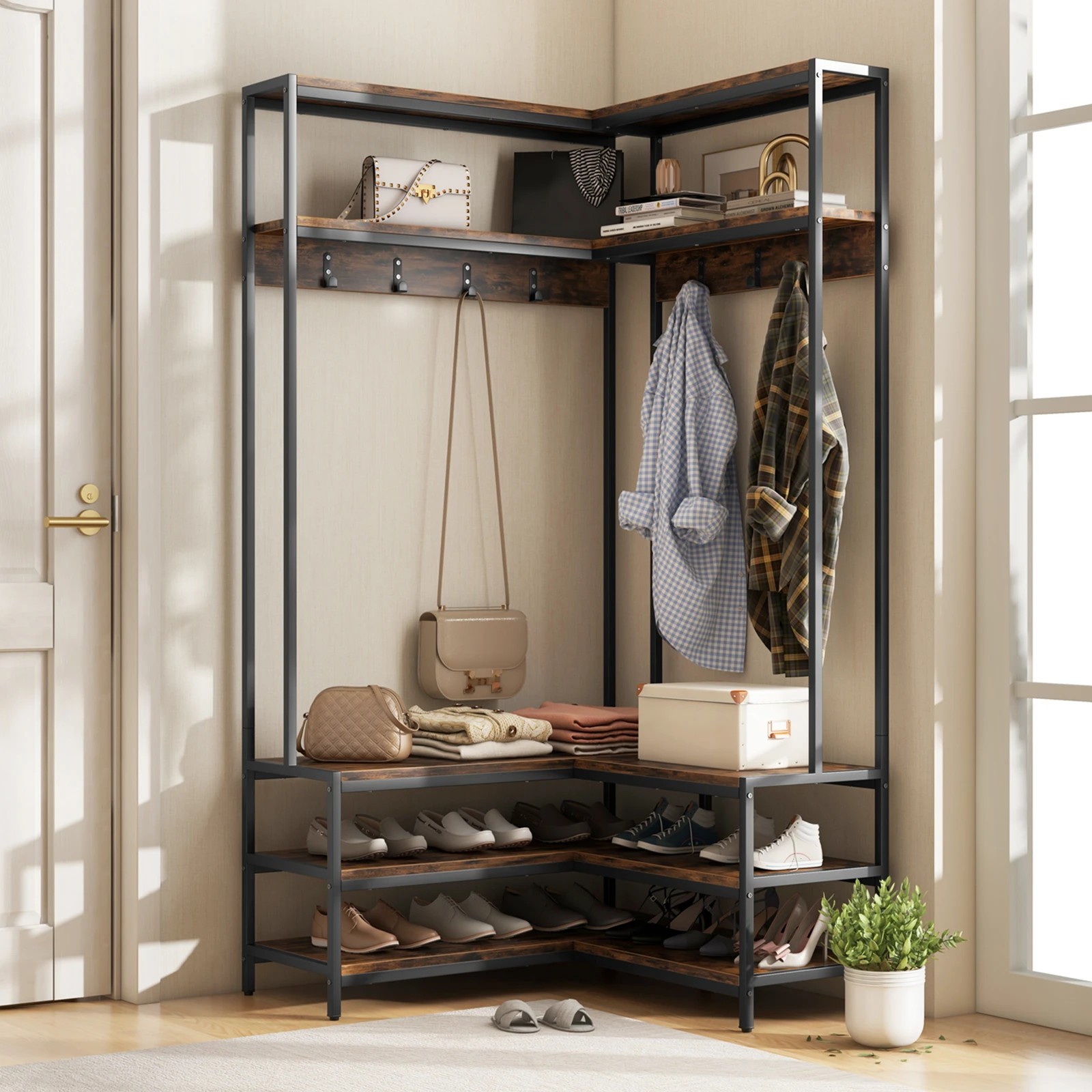 2 Costway 5-Tier Coat Rack L-shaped Corner Garment Display Shelf w/Shoe Storage Clothes Stand Organiser - Brown, 2 of 4