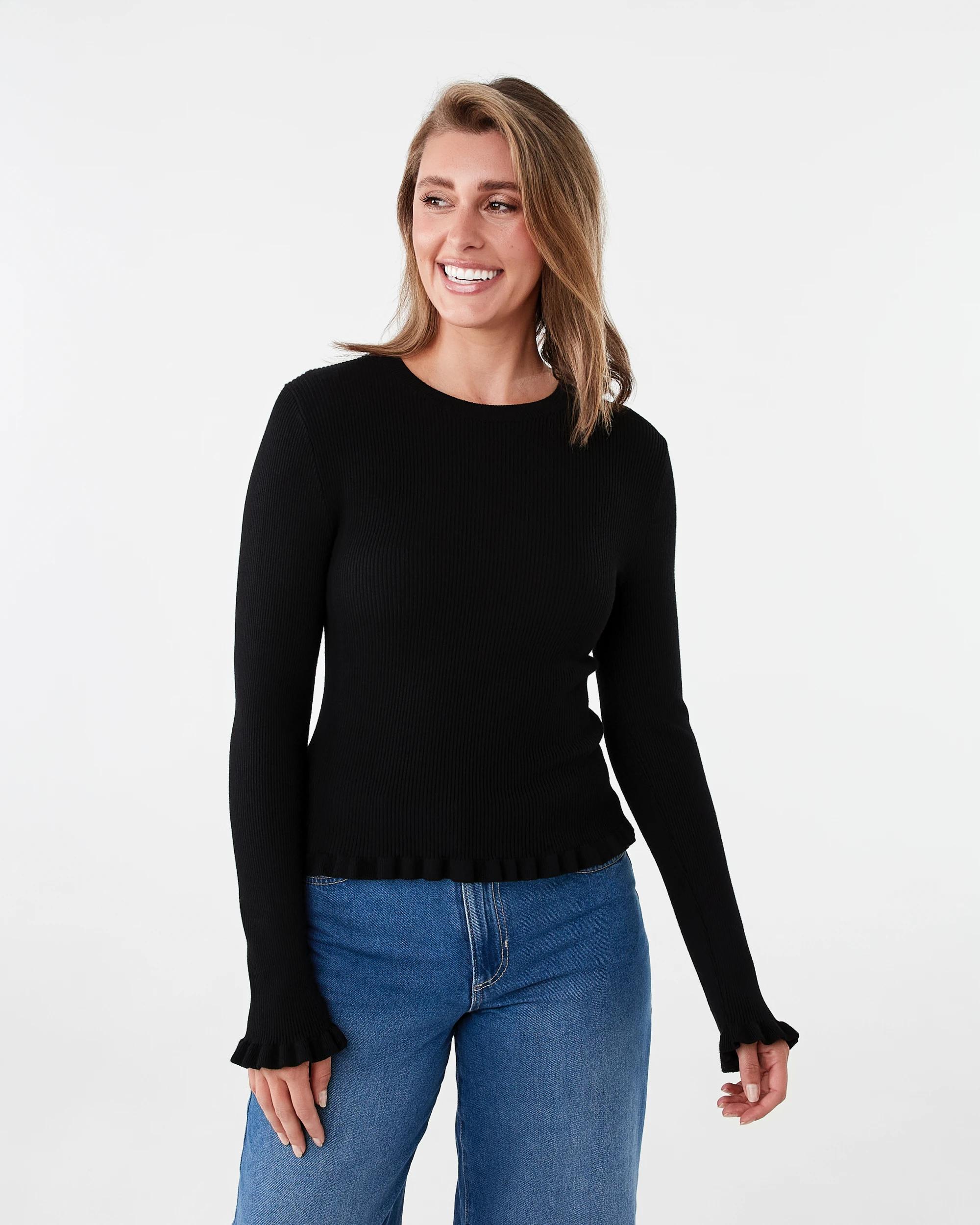 1 Long Sleeve Frill Top Black, 1 of 6