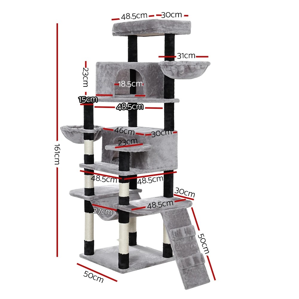 2 i.Pet Cat Tree 161cm Tower Scratching Post Scratcher Wood Condo House Play Bed - Grey, 2 of 5