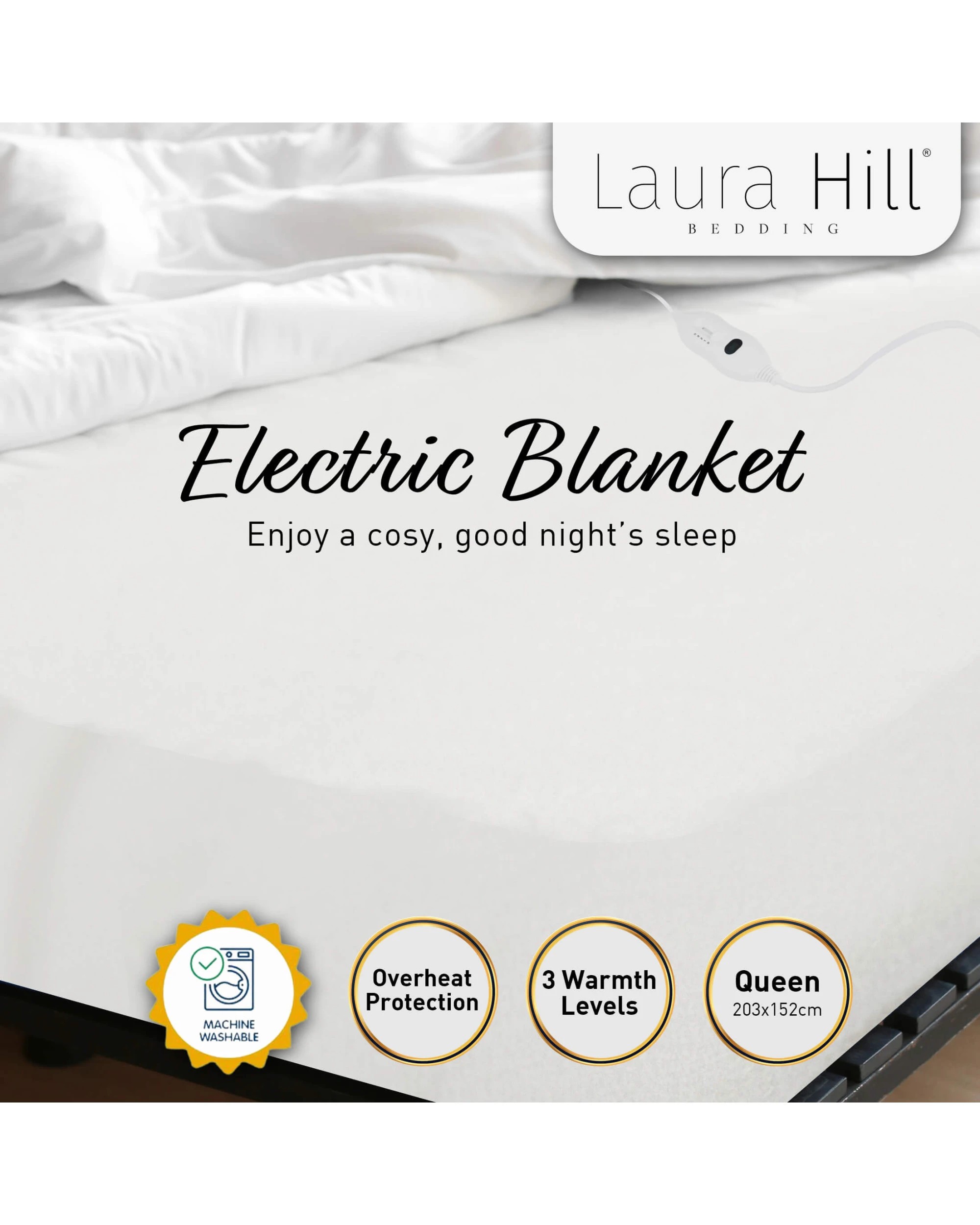 3 Laura Hill Heated Electric Blanket Fitted Polyester - White - Queen Bed, 3 of 10