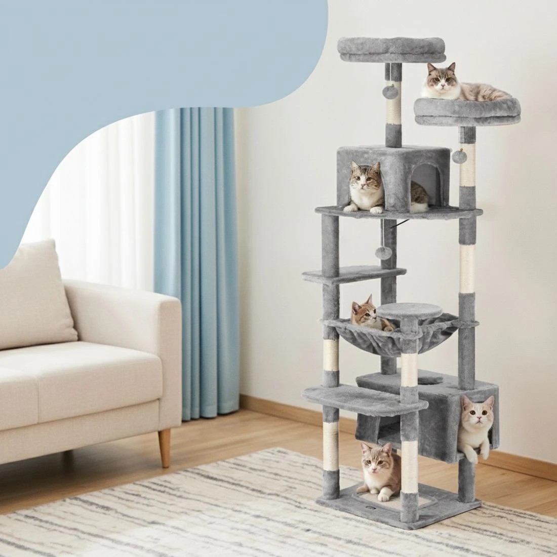 3 i.Pet Cat Tree 184cm Tower Scratching Post Trees Scratcher Condo House Light - Grey, 3 of 5