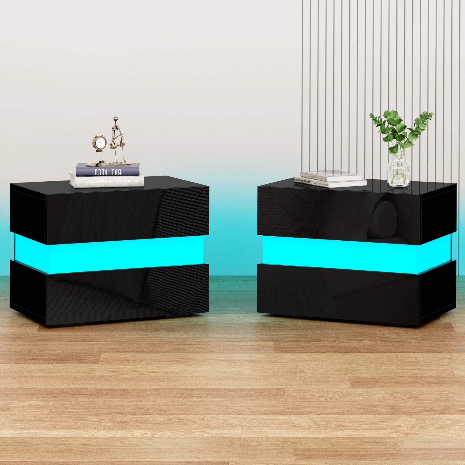 2 Alfordson 2x Bedside Table RGB LED Nightstand 2 Drawers 4 Side High Gloss - Black, 2 of 10