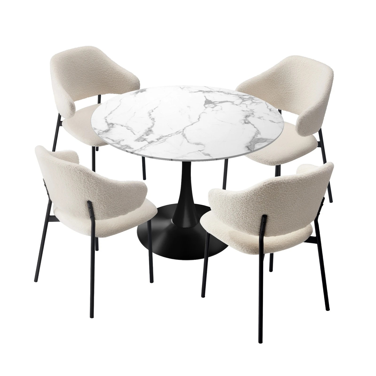 7 Oikiture 5PCS Dining Table Set Round Table Sherpa Dining Chairs -White&Black, 7 of 9