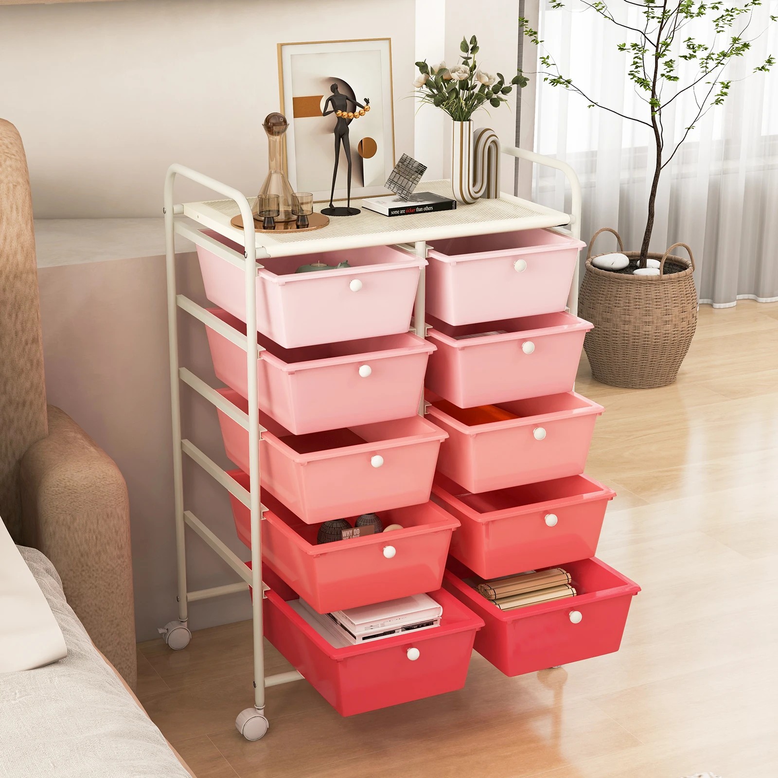 1 Costway 10 Drawers Mobile Storage Cart Utility Trolley - Pink, 1 of 3