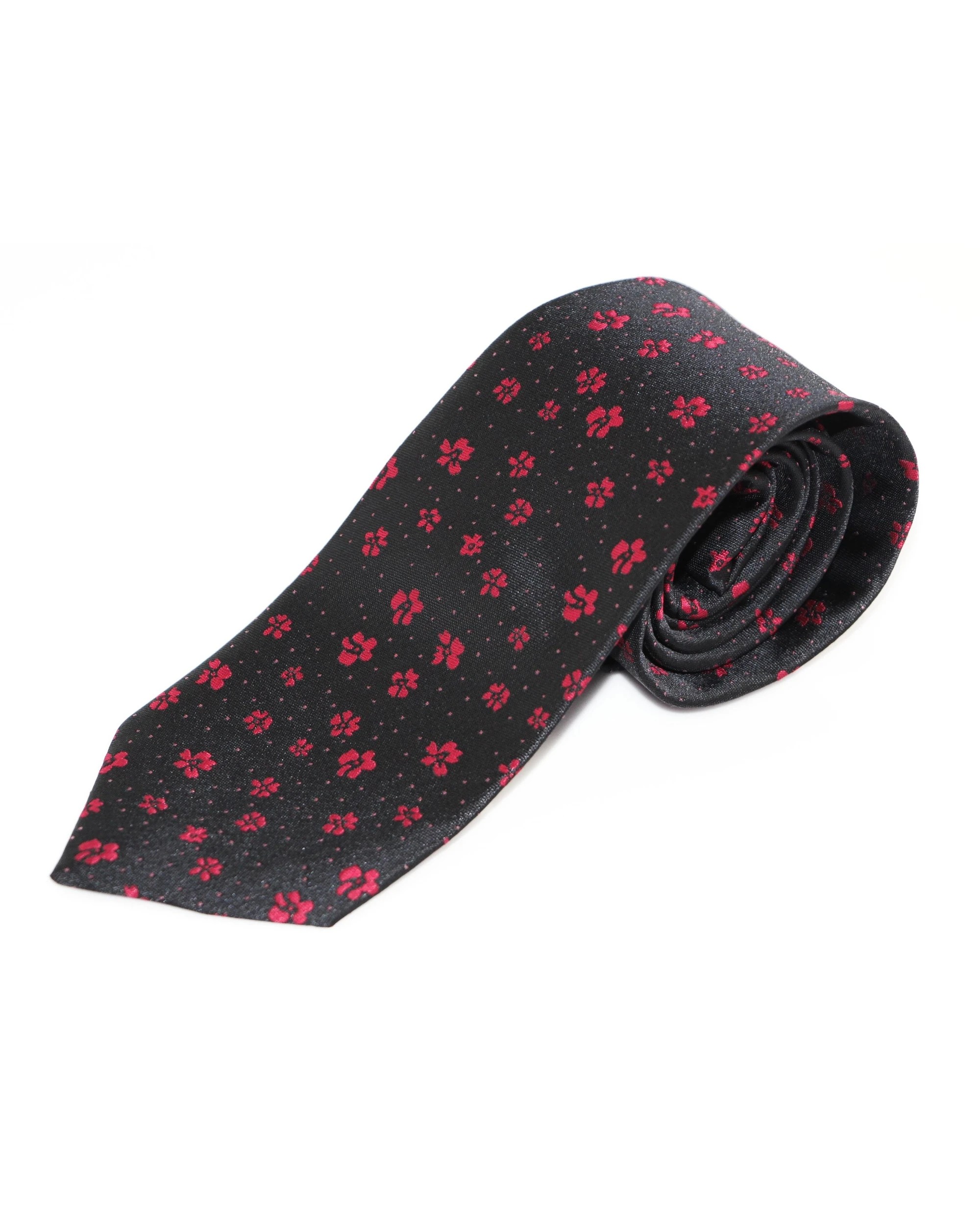 2 Zasel Mens Black  & Dark Red Flower Patterned 8cm Neck Tie, 2 of 2