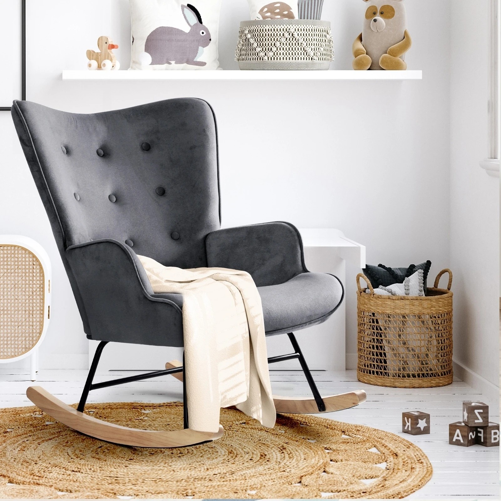 3 Oikiture Rocking Chair Nursing Armchair Velvet Accent Chairs Upholstered
 - Grey, 3 of 10