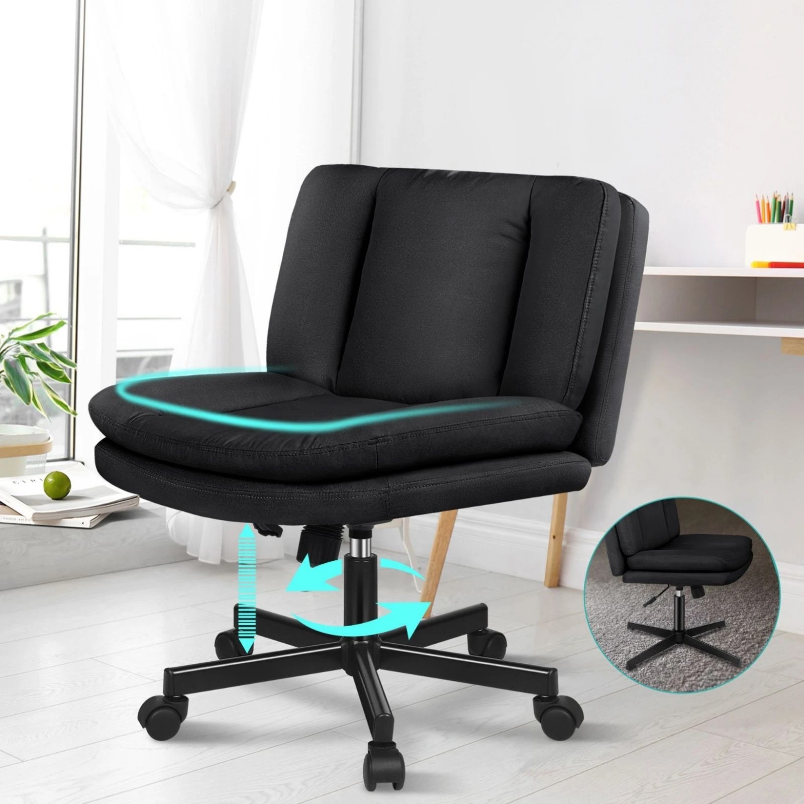 3 Alfordson Armless Office Desk Chair Mid Back Wide Seat w/ Wheels Fabric - Black, 3 of 10