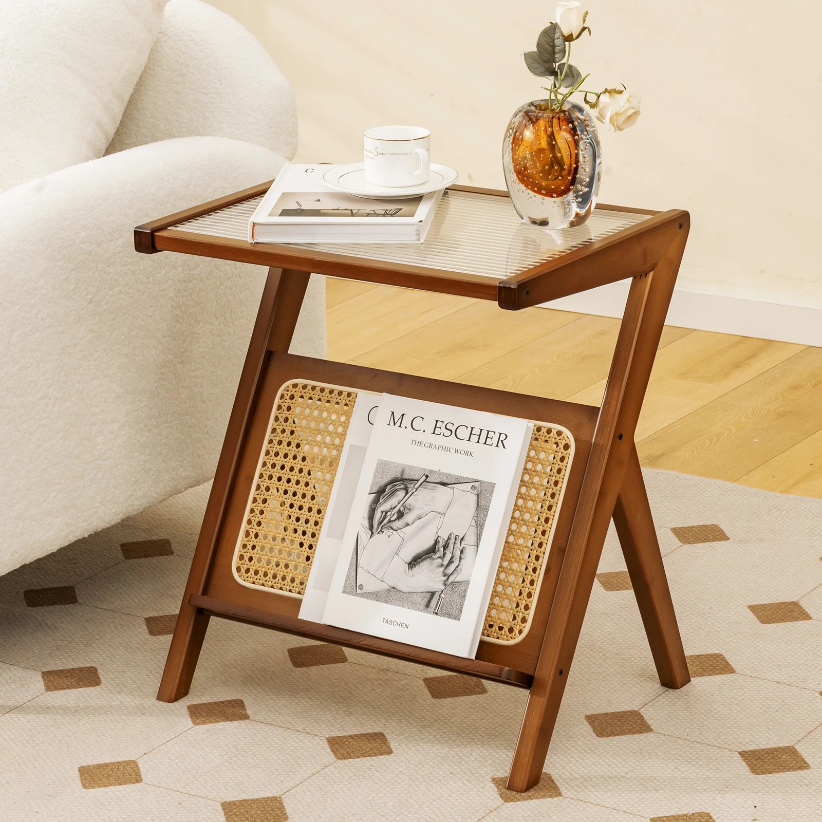 2 Costway Bamboo End Side Table Z-shaped Couch Accent Table w/Magazine Rack, 2 of 4