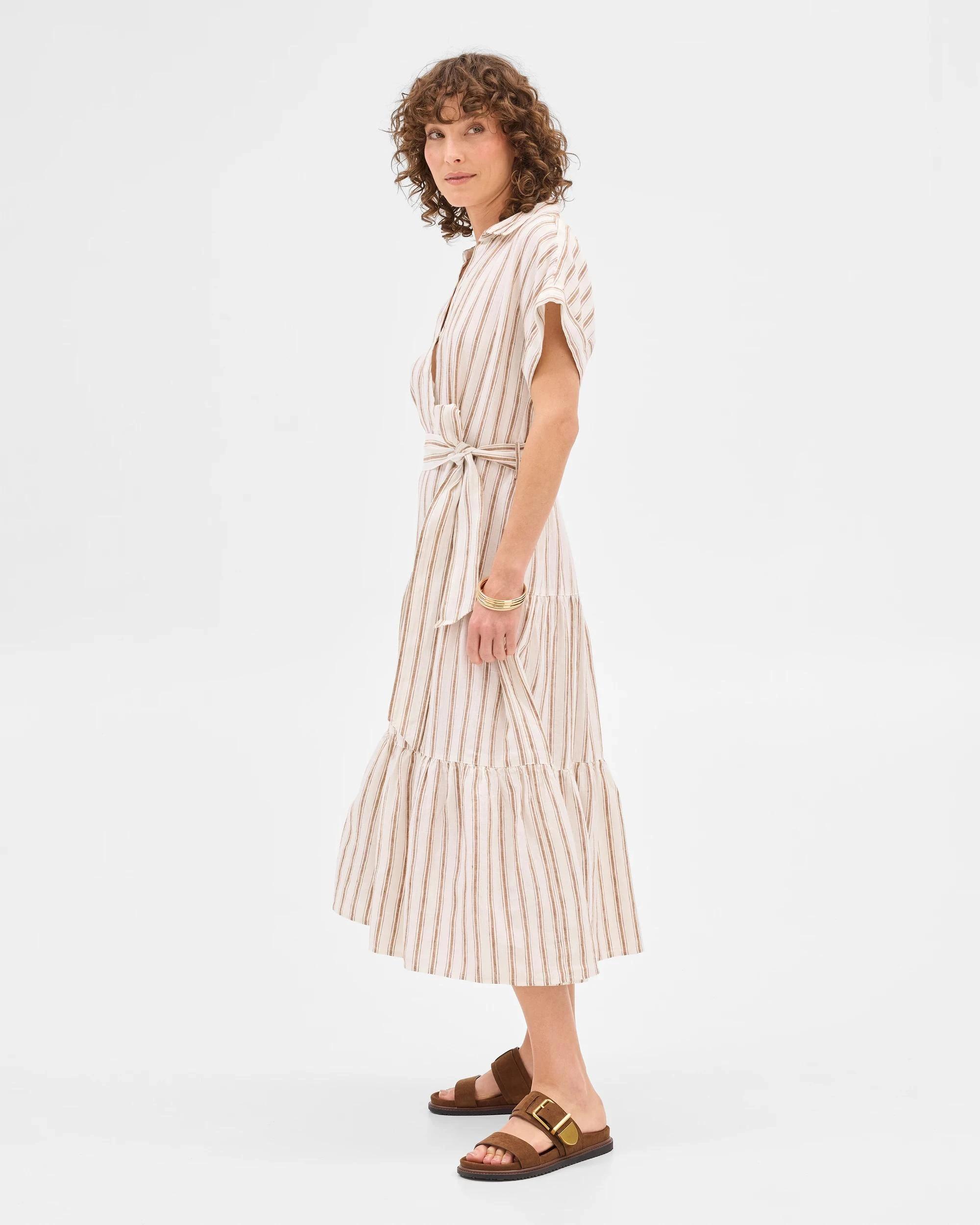 2 Target Woman European Linen Tiered Wrap Midi Dress GINGERBREAD/STRIPE, 2 of 9