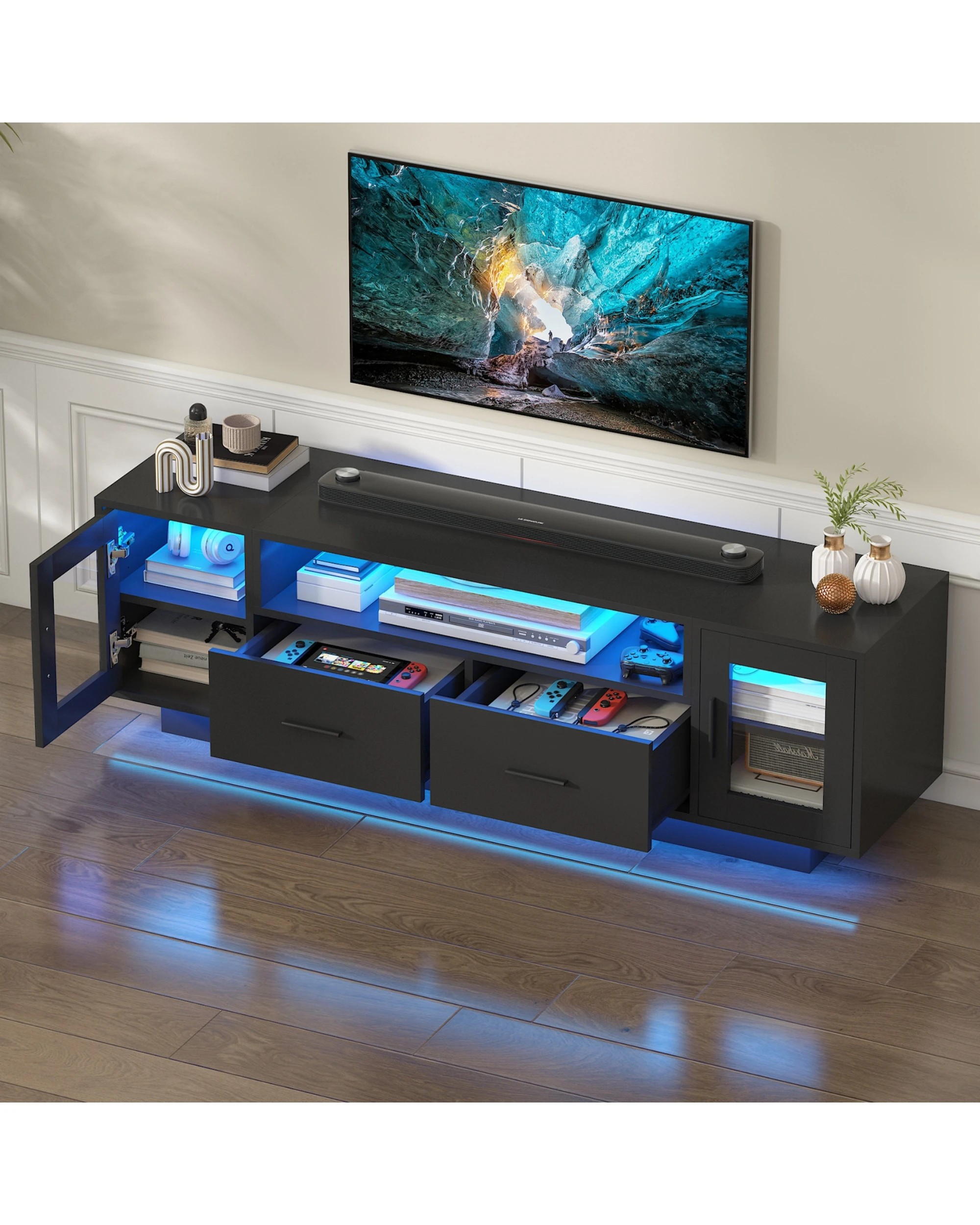 4 Advwin 140cm TV Cabinet LED Entertainment Unit Stand w/ Drawer & Door Media Console Table, 4 of 8