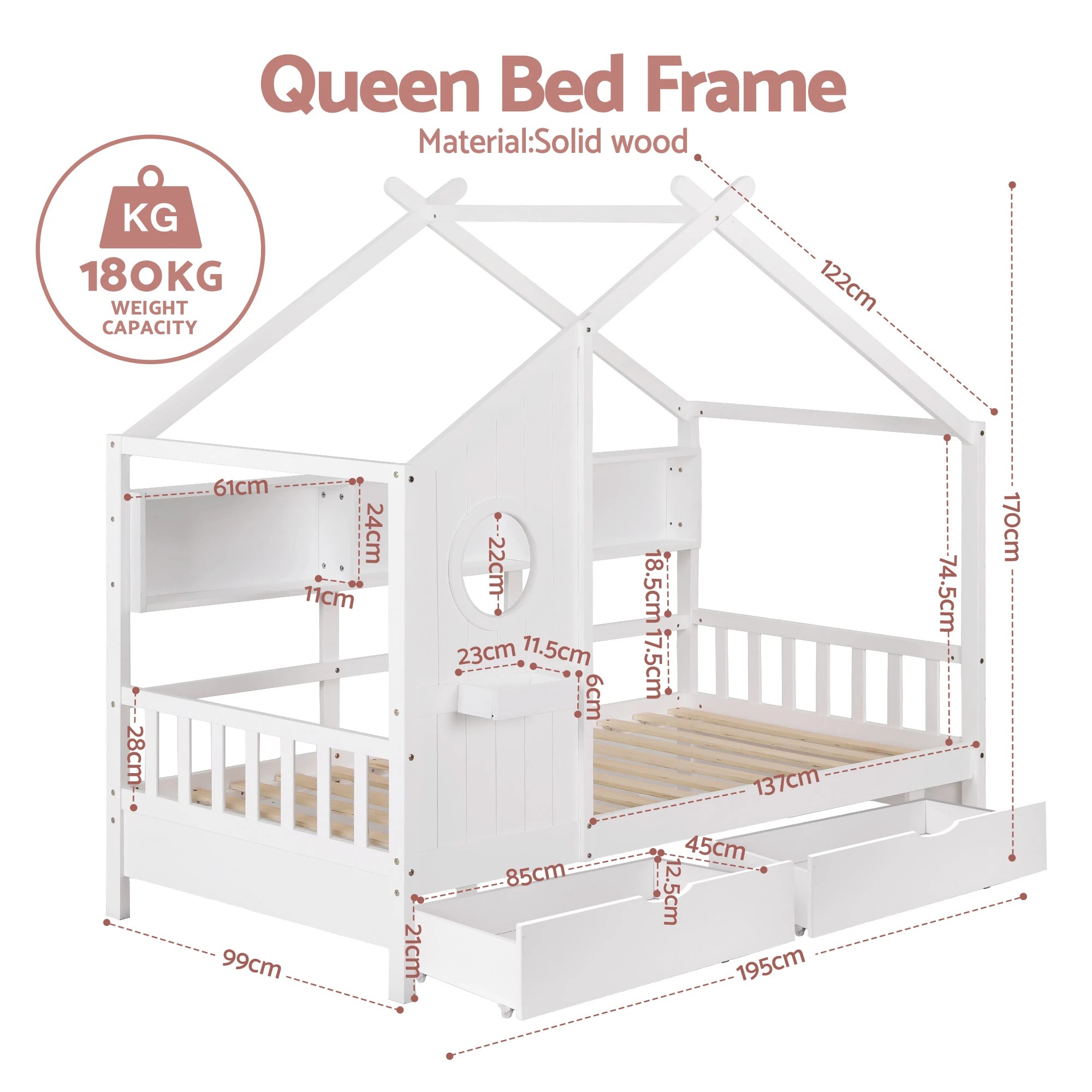 2 Artiss Kids Single Bed Frame with 3 Storage Bookcase & 2 Drawers House Bed Solid Wood Montessori Bed Easy - White, 2 of 3