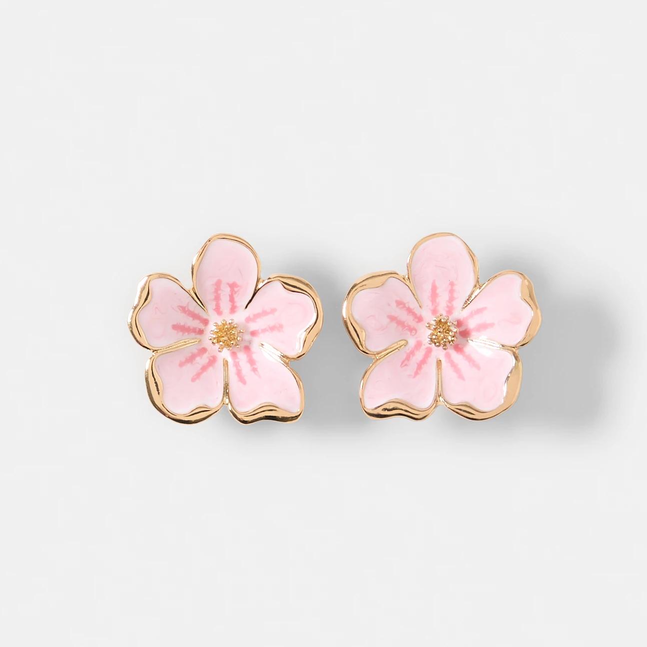 1 Flower Stud Earrings - Gold Tone and Pink GOLD METAL, 1 of 5