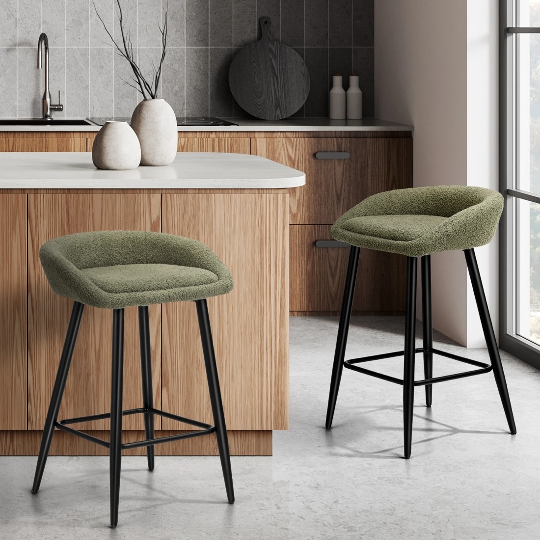 2 Oikiture Bar Stools Set Of 2 Kitchen Dining Chairs Counter Stools Boucle
 - Green, 2 of 10