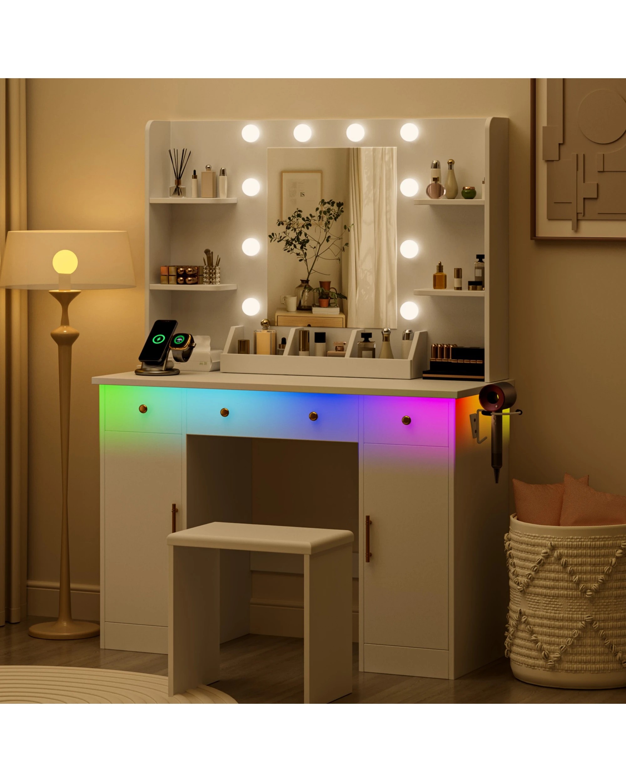 3 Advwin Dressing Table with Mirror and Lights Makeup Vanity Desk Set with Charging Station - White, 3 of 10