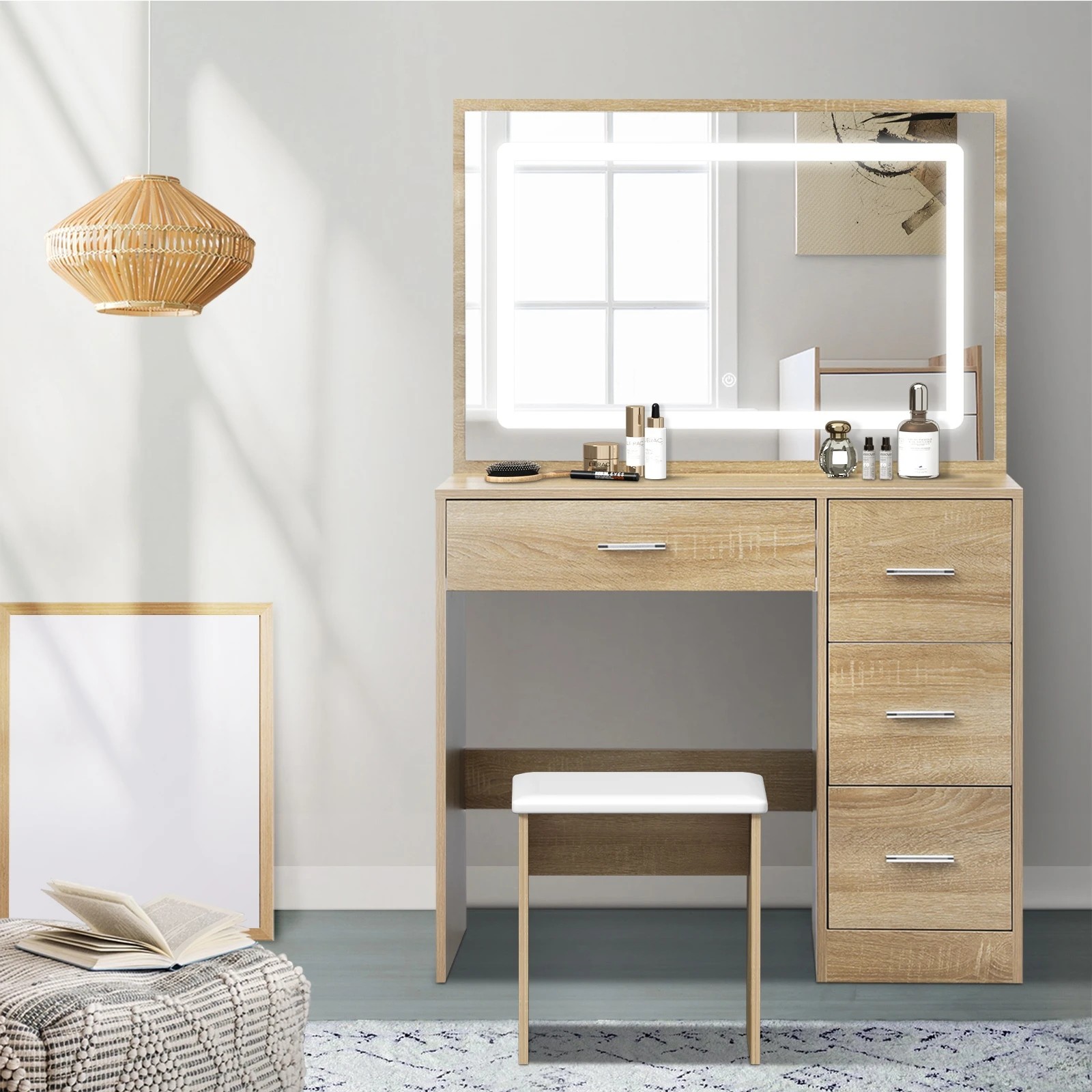 3 Oikiture Dressing Table Stool Set Large Makeup Mirror Led Light Vanity
 - Natural, 3 of 9