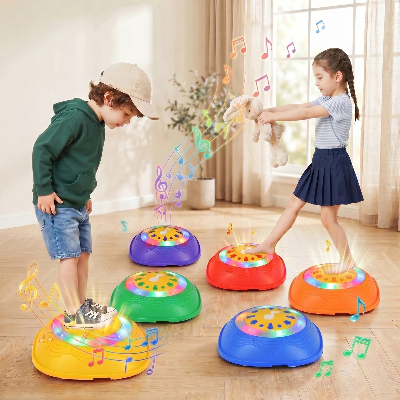 5 Advwin Kids Light Up Musical Stepping Stones Set of 6 LED Balance Stones Non-Slip Sensory Play Toys - Multi, 5 of 5