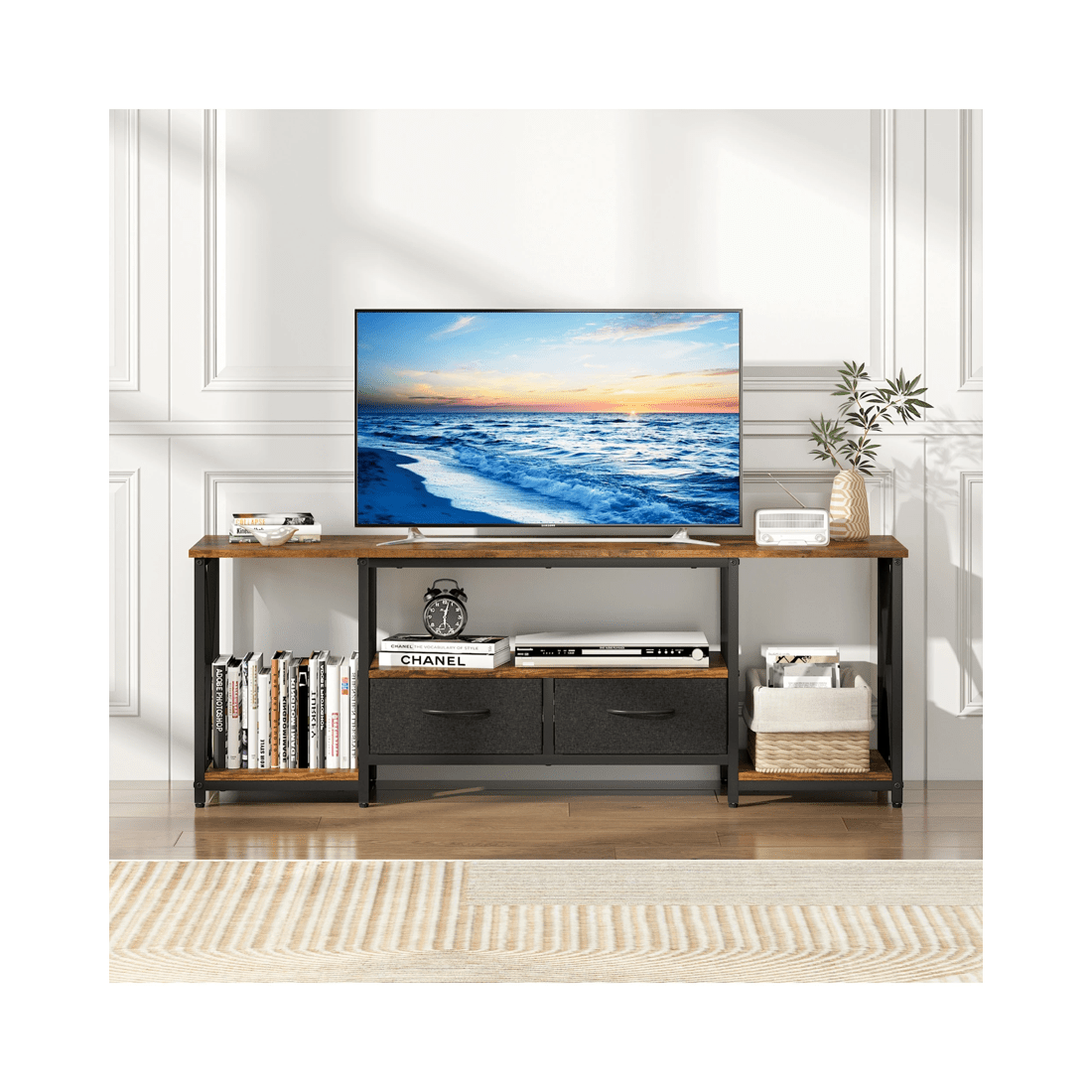 3 Advwin Tv Cabinet 140cm Entertainment Unit Stand W/ Shelf & Drawers Media Console Walnut, 3 of 8