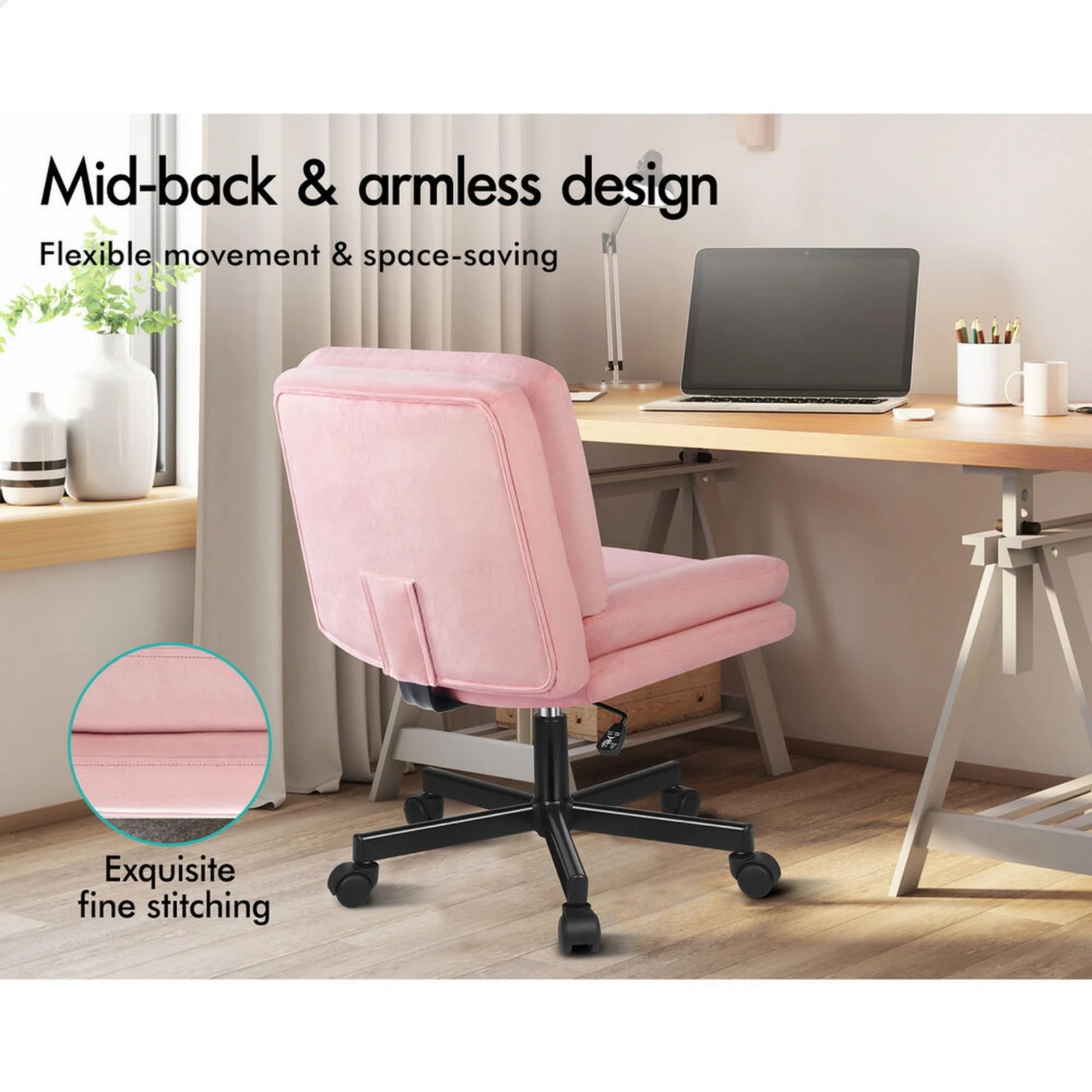 4 Alfordson Armless Office Desk Chair Mid Back Wide Seat w/ Wheels Velvet - Pink, 4 of 10