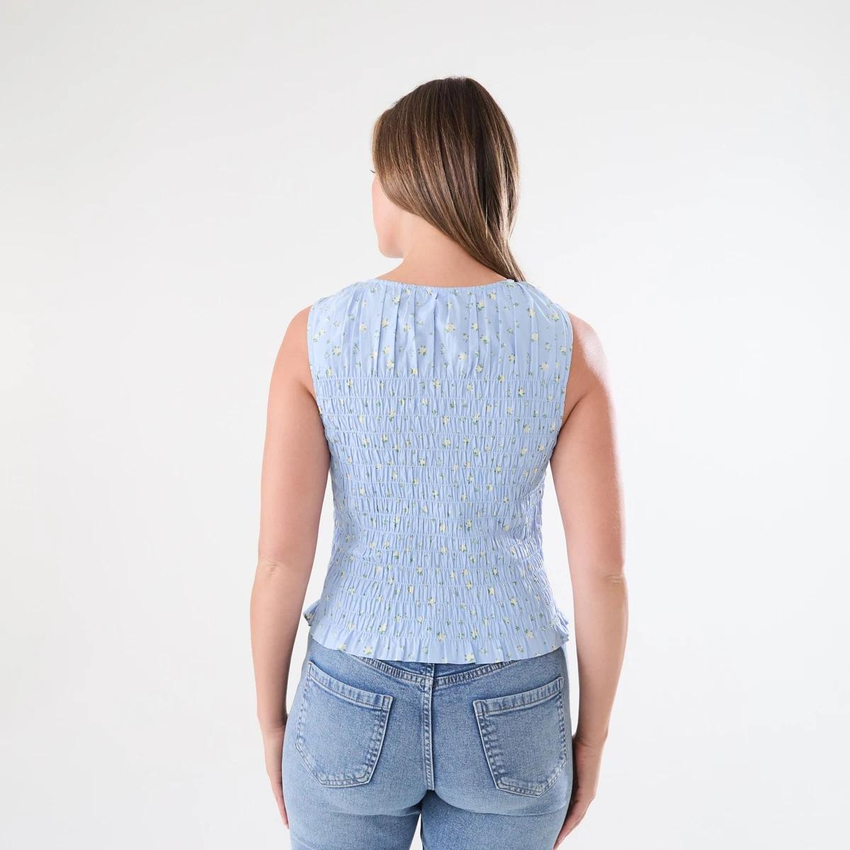 3 Sleeveless Shirred Button Through Top Blue Ditsy, 3 of 5