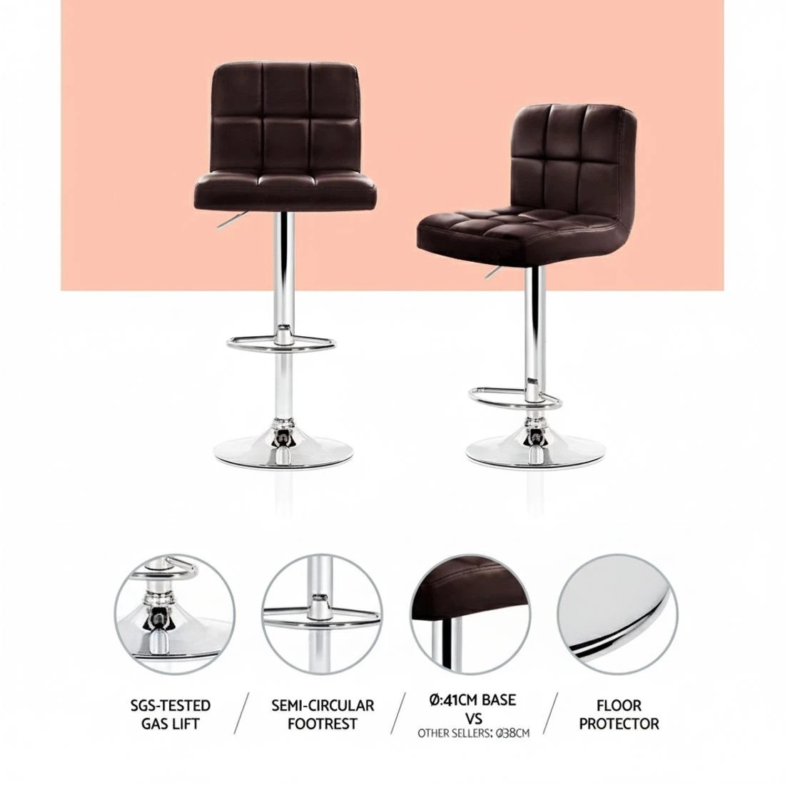 3 Artiss 4x Bar Stools Leather Gas Lift - Brown, 3 of 6