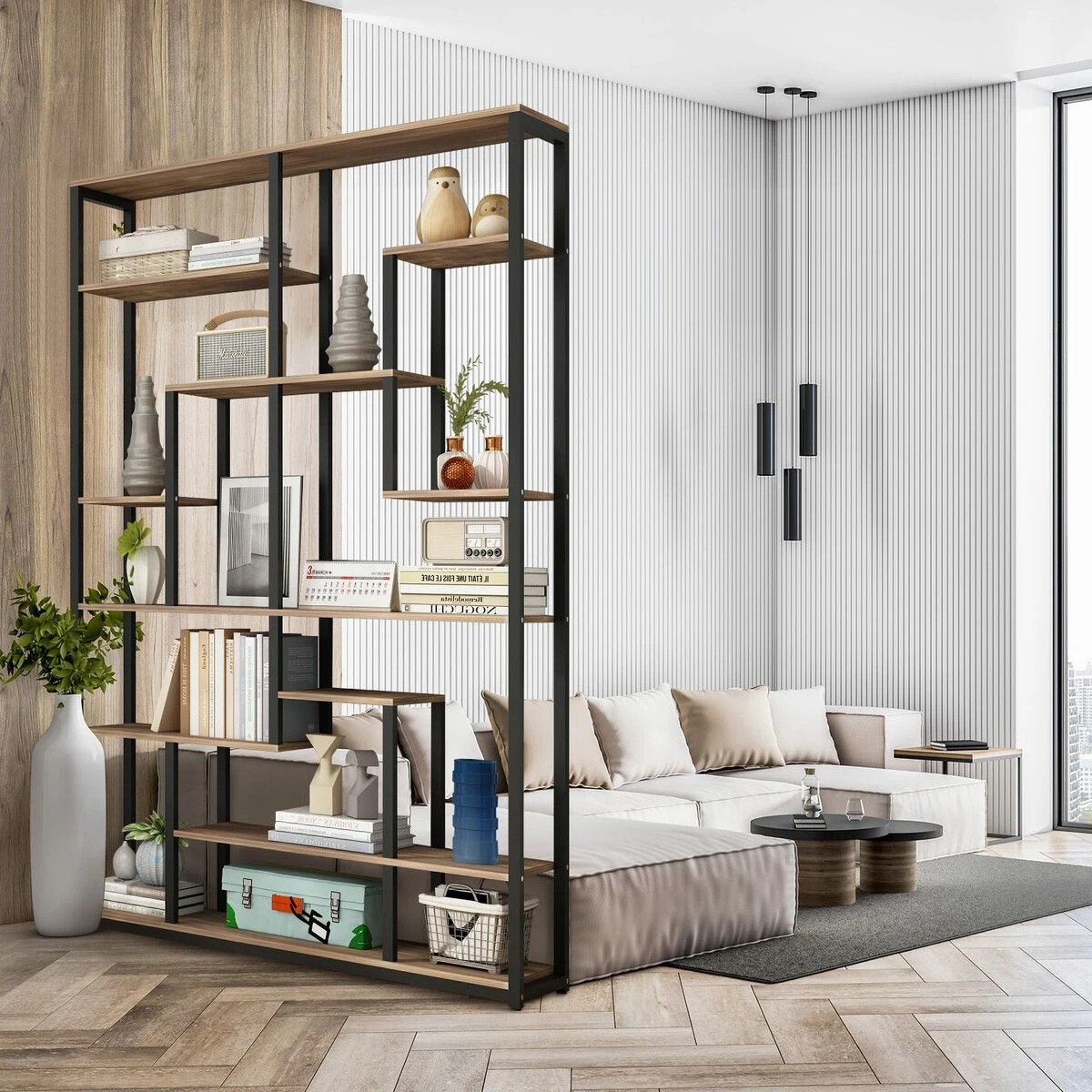 5 LUXSUITE Bookshelf Display 7 Tier Shelf Metal Black, 5 of 6