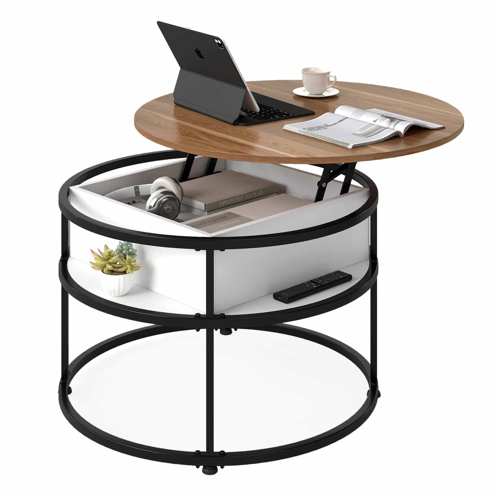4 Costway Lift Top Coffee Table 2-Tier Round Center Cocktail Table w/Hidden Compartment, 4 of 4