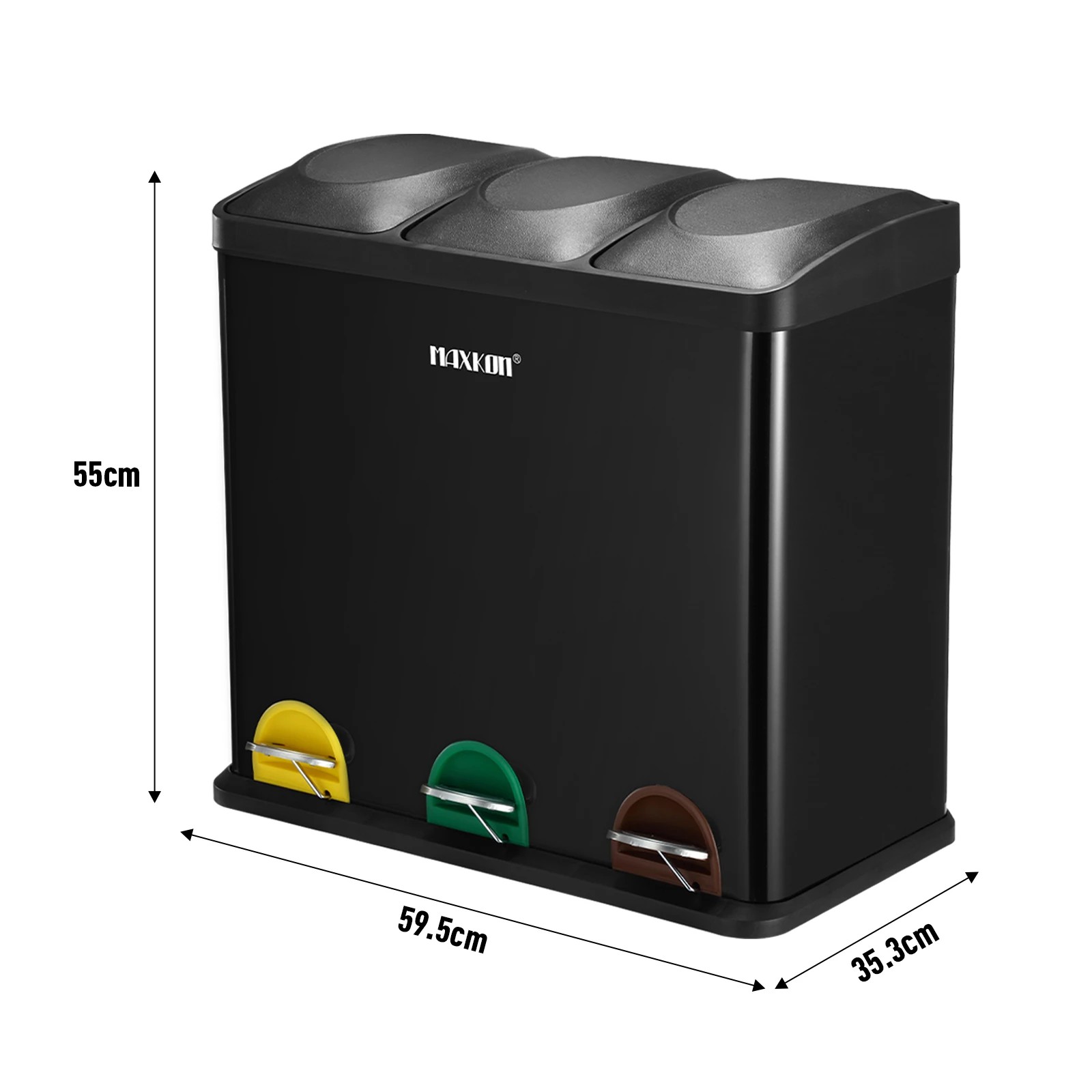 2 Maxkon 54L Rubbish Bin Triple Compartment Pedal Recycling Kitchen Waste Garbage Household Stepbin Coated Steel Black, 2 of 6