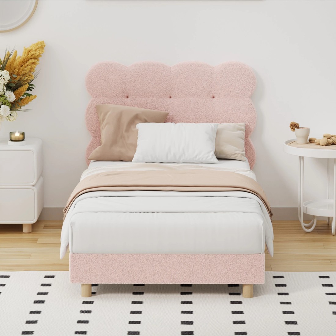 3 Oikiture Bed Frame Single Size Tufted Bedhead Boucle Fabric - Pink, 3 of 9