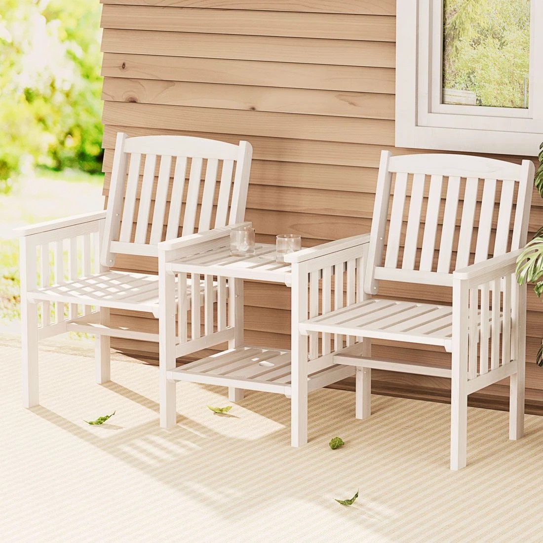 3 Gardeon Outdoor Garden Bench Loveseat Wooden Table Chairs Patio Furniture - White, 3 of 7
