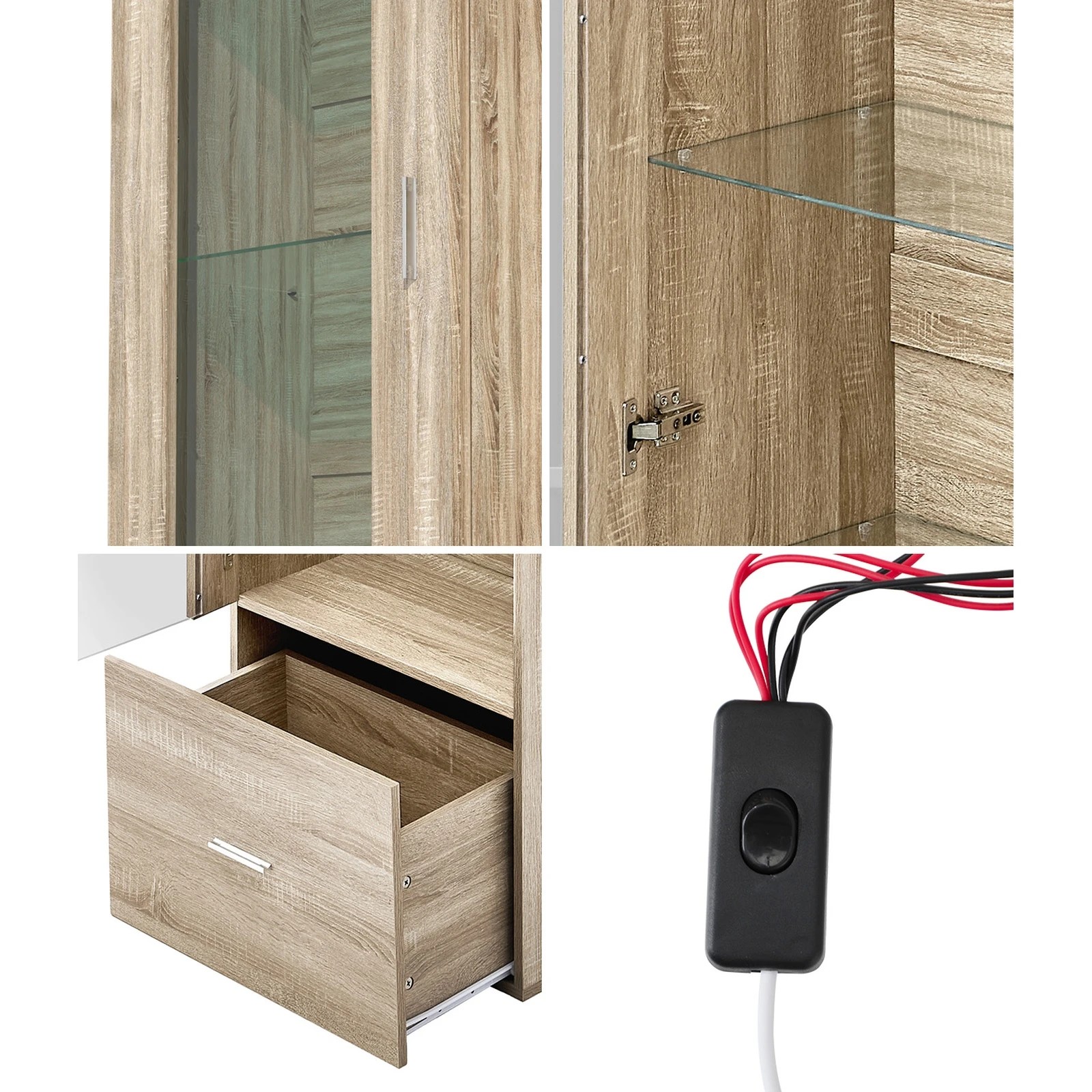 5 Oikiture Display Cabinet Buffet Sideboard LED Light Cupboard- Natural, 5 of 10