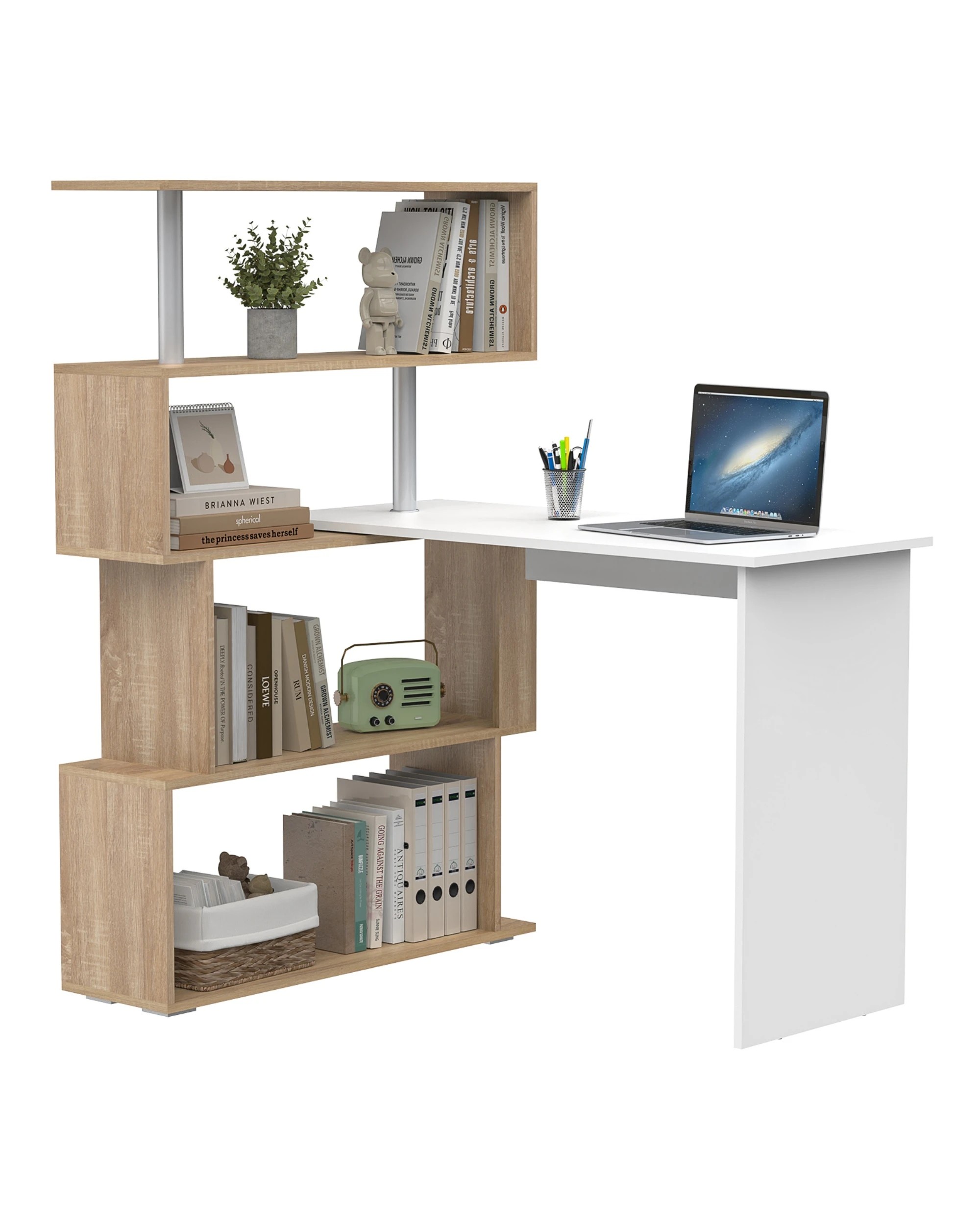 4 Ufurniture Rotating Computer Desk with Bookshelf - Natural, 4 of 8