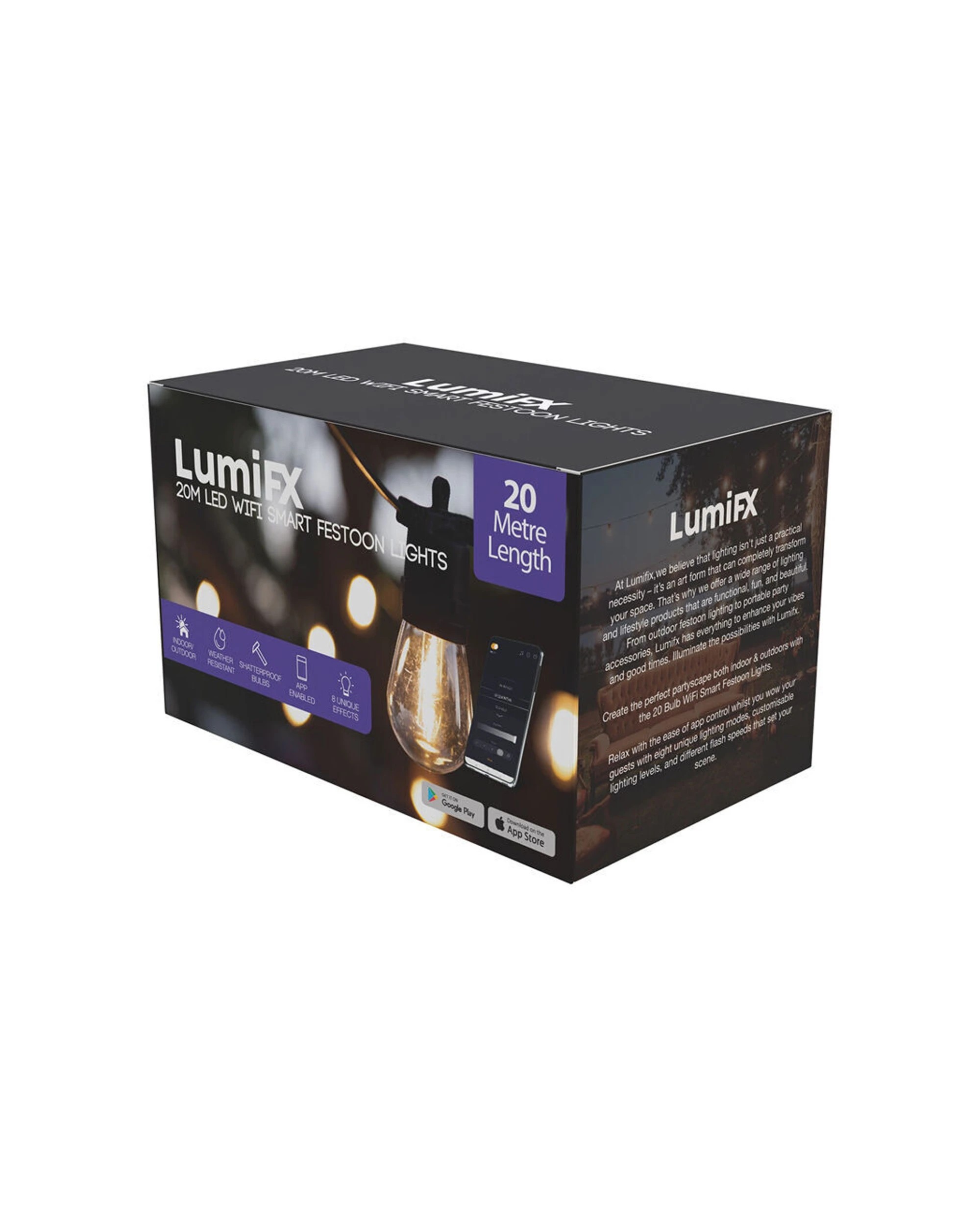 2 LumiFX 2PK 20 Bulb LED WIFI Smart Indoor & Outdoor Festoon Lights 20m Warm - White, 2 of 8