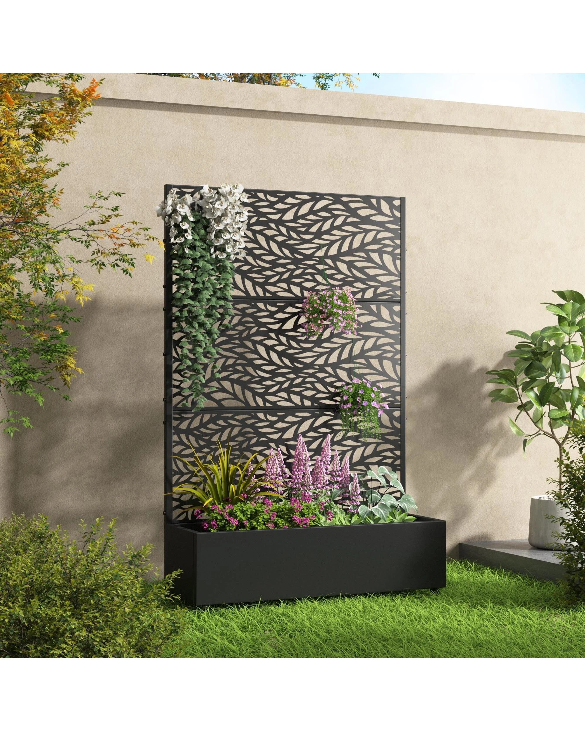 4 OAKORY 180cm Metal Planter Box with Privacy Screen and Lockable Wheels, Drainage Hole, Raised Garden Bed Patio - Black, 4 of 5