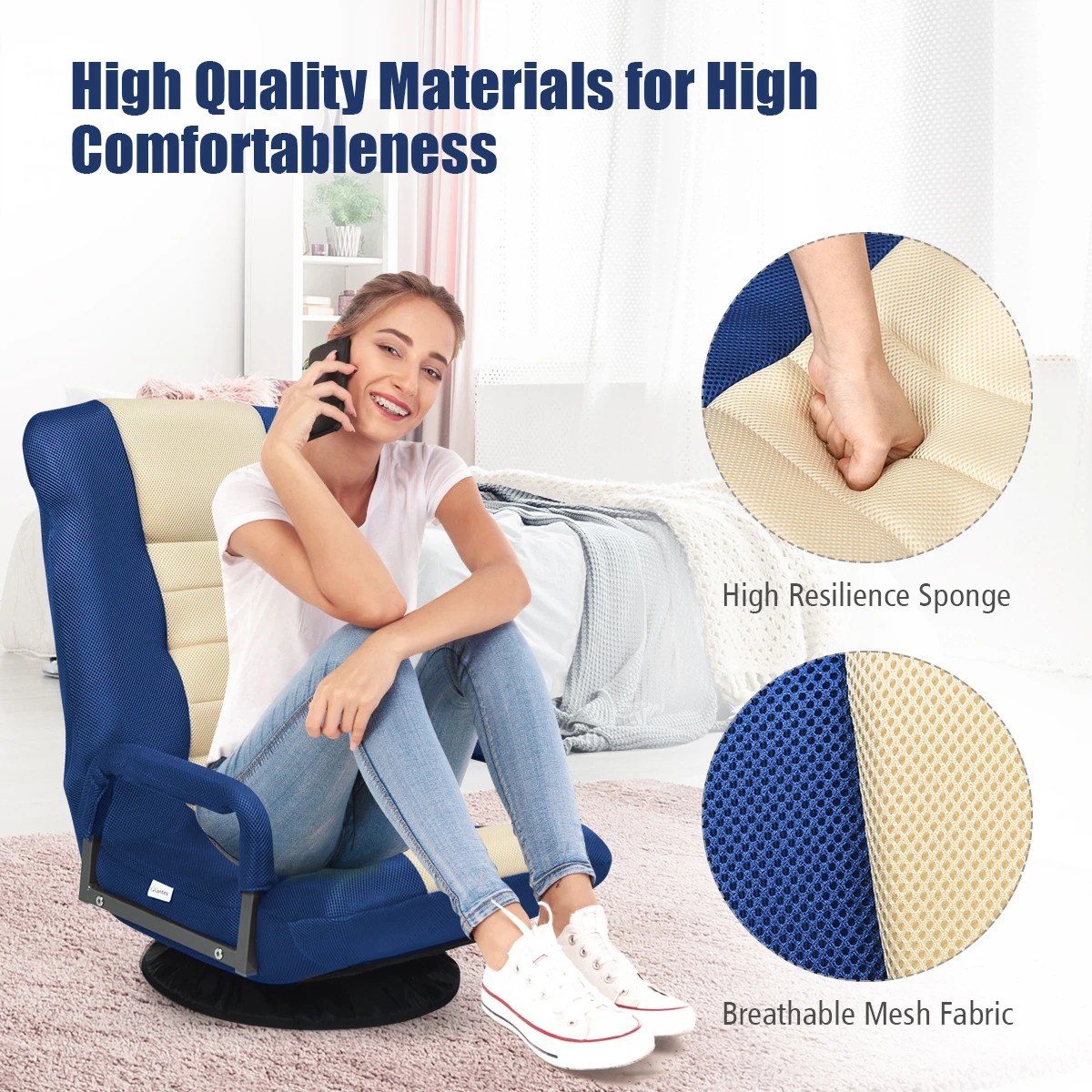 2 Costway Folding Floor Recliner Swivel Lounge Sofa Adjustable Backrest Armchair, 2 of 9