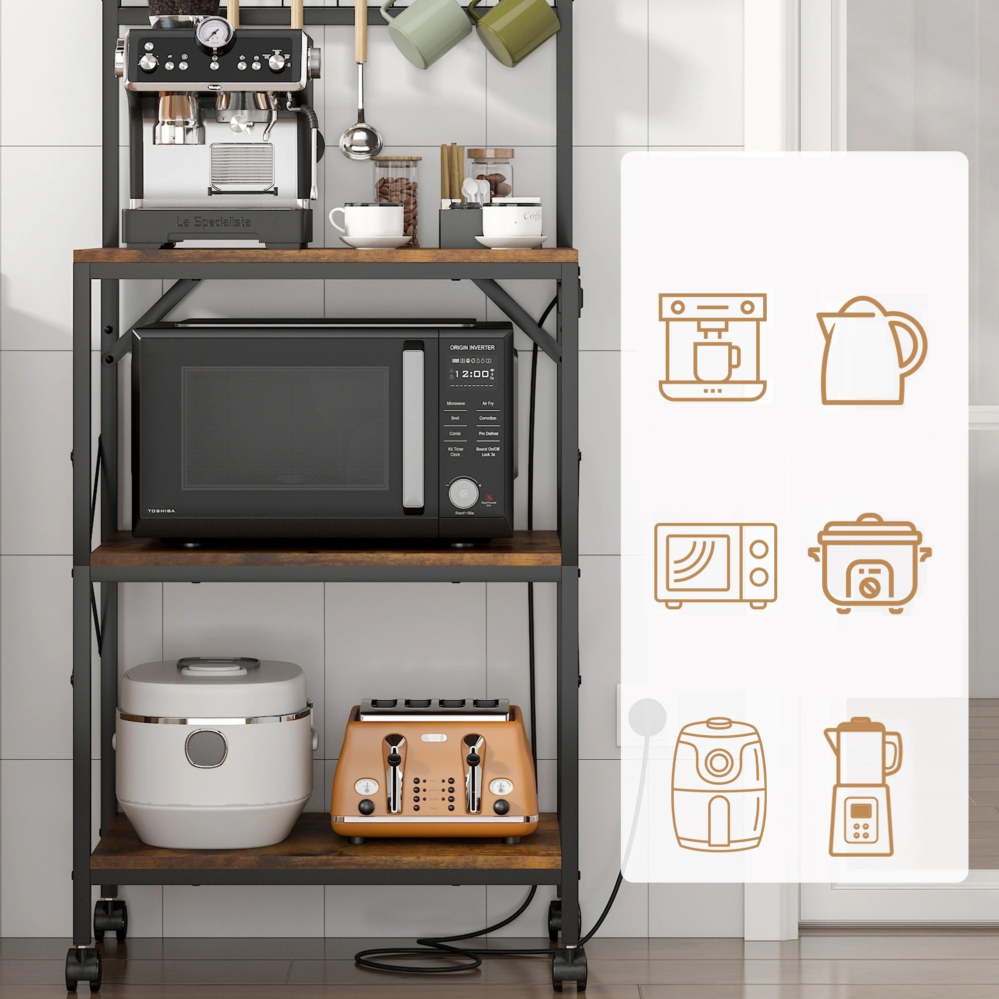 4 Advwin 4 Tiers Kitchen Bakers Rack With Power Outlet 60×40×130cm - Brown, 4 of 9