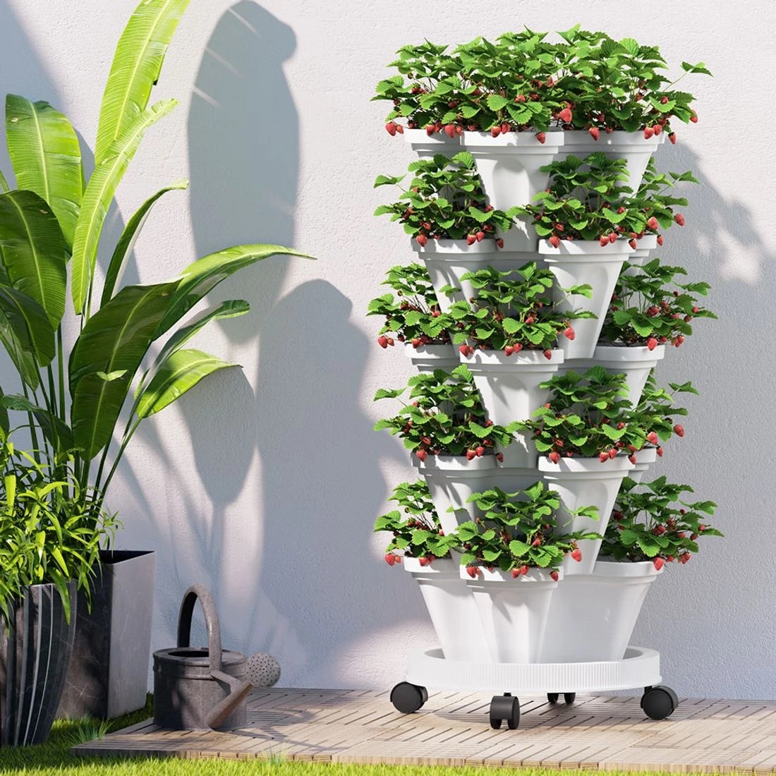 6 Green Fingers Garden Bed 5 Tier Vertical Garden Strawberry Stackable Planters Herbs Petunias - White, 6 of 6