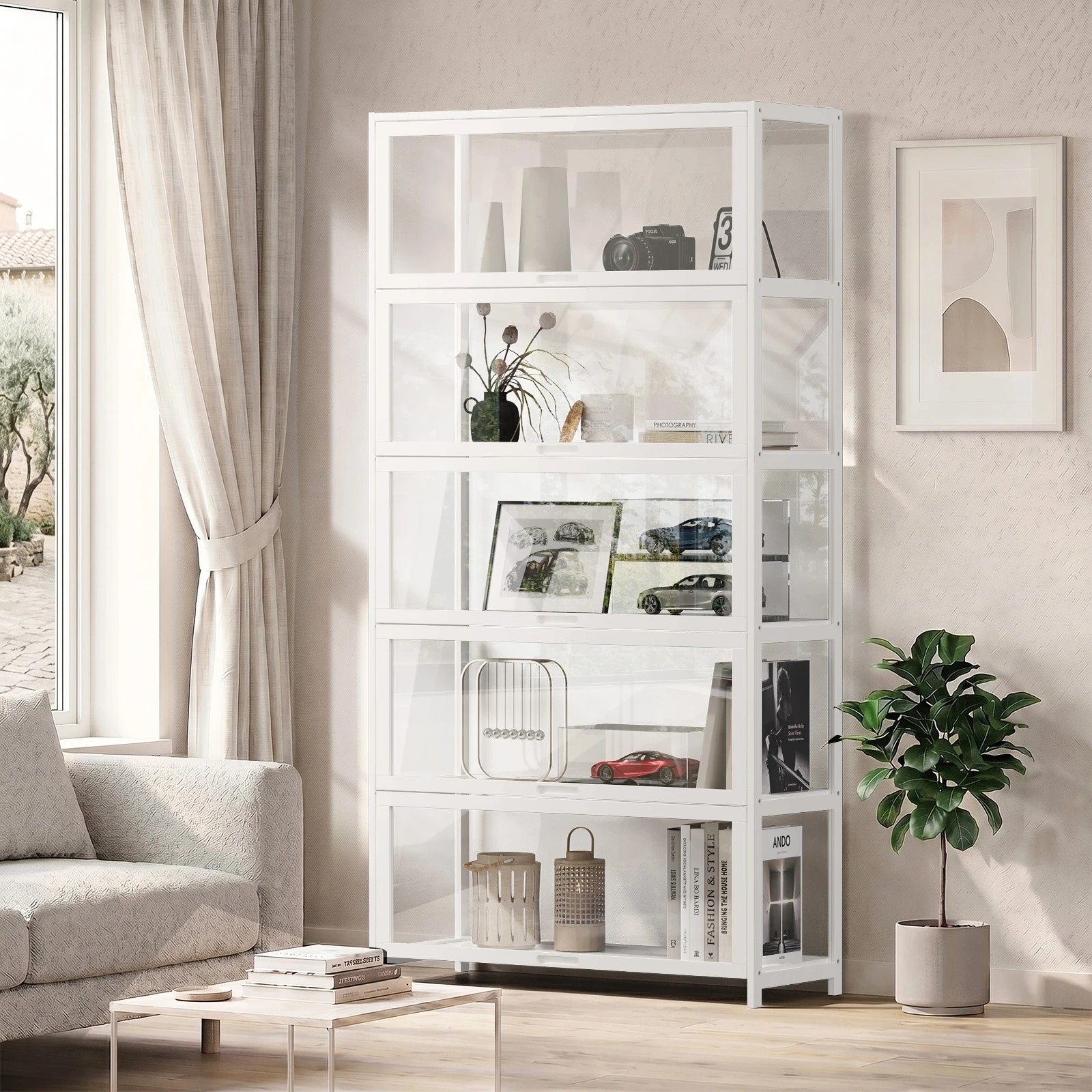 3 Oikiture Display Cabinet Storage 5-Tier Shelves Tall Clear Bookcase Rack - White, 3 of 8